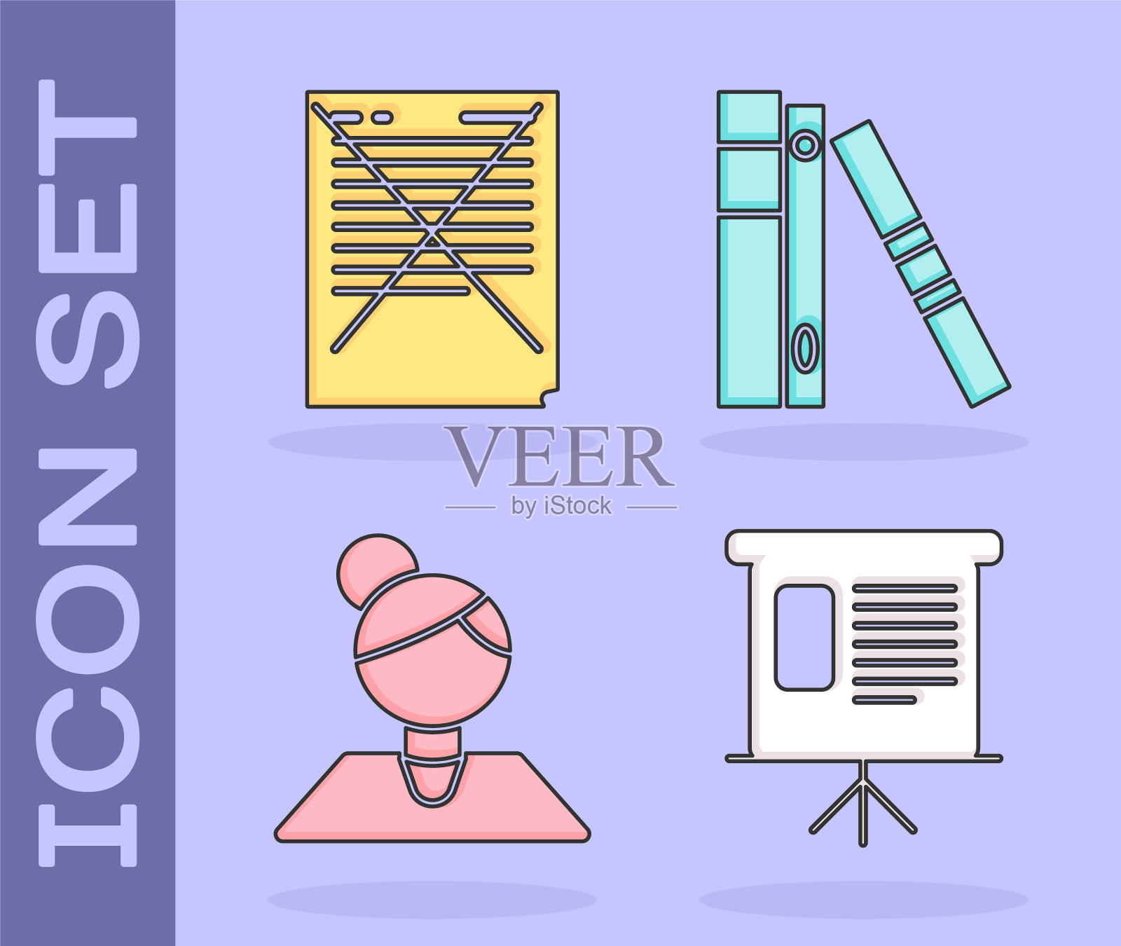 设置演示财务板与图表，图表，图表，信息图，饼图，试卷与不正确的答案调查，教师和办公室文件夹与纸张和文件图标。向量图标素材