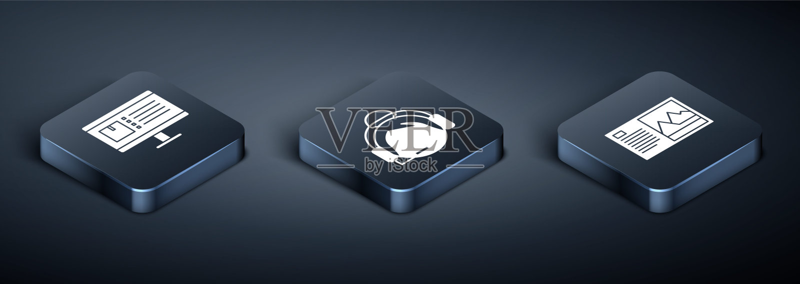 设置等距电脑显示器与应用程序交付跟踪，明信片和支持操作员在触摸图标。向量插画图片素材