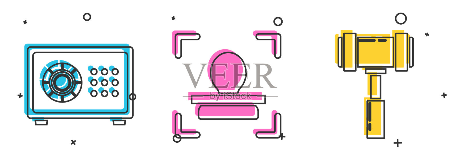 保险箱、人脸识别和法官 gavel 图标矢量图插画图片素材