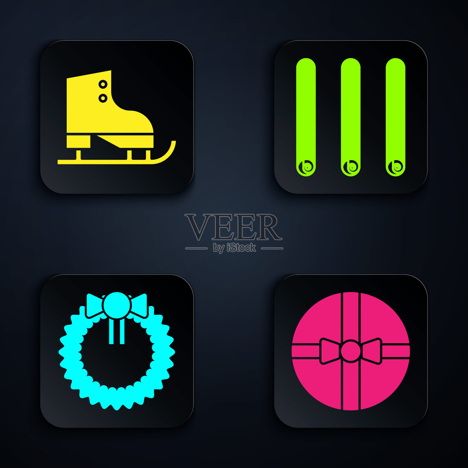 套装礼盒，溜冰鞋，圣诞花环和三卷肉桂棒。黑色方形按钮。向量图标素材