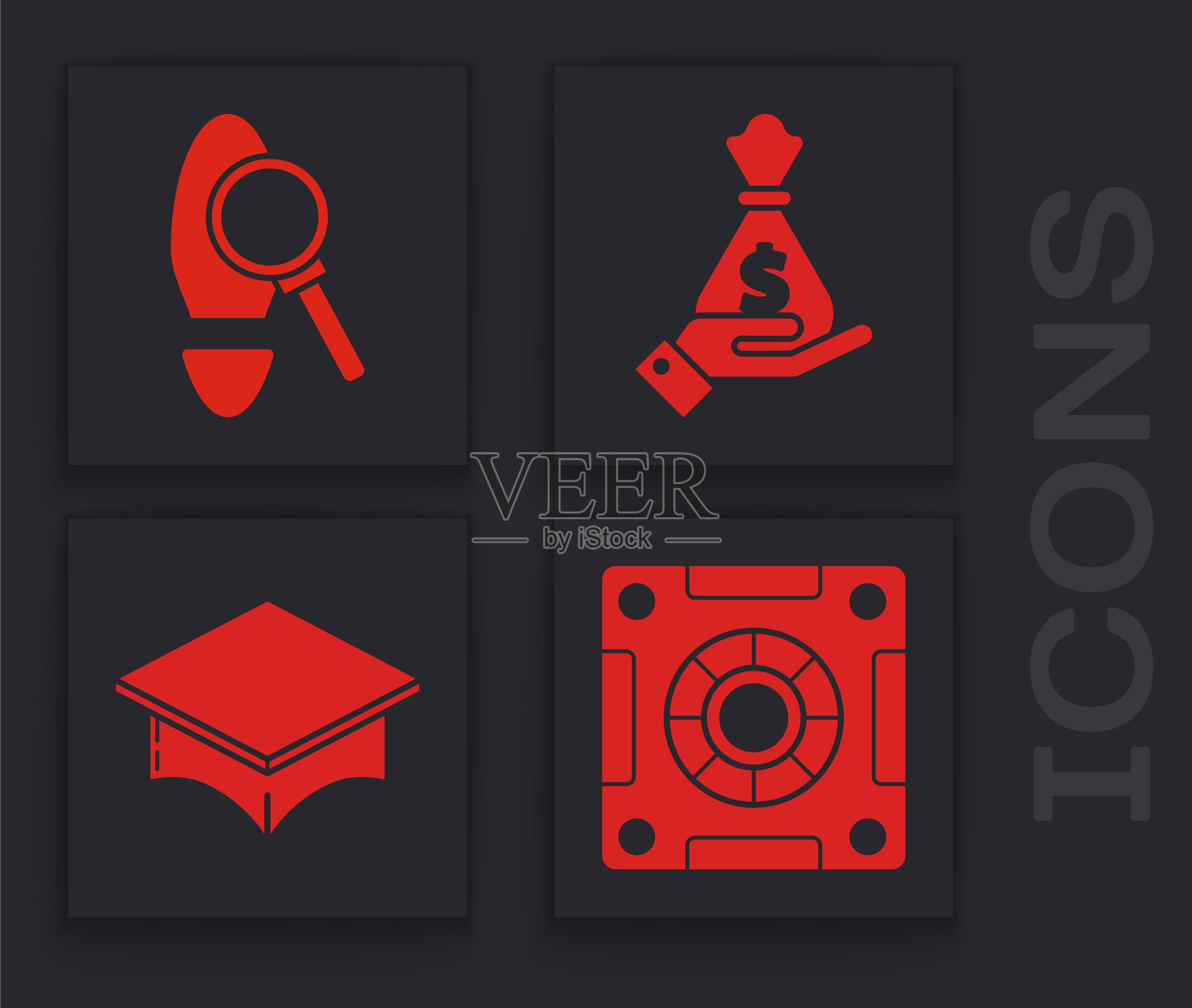 设置安全，放大镜与脚步，手握钱袋和毕业帽图标。向量图标素材