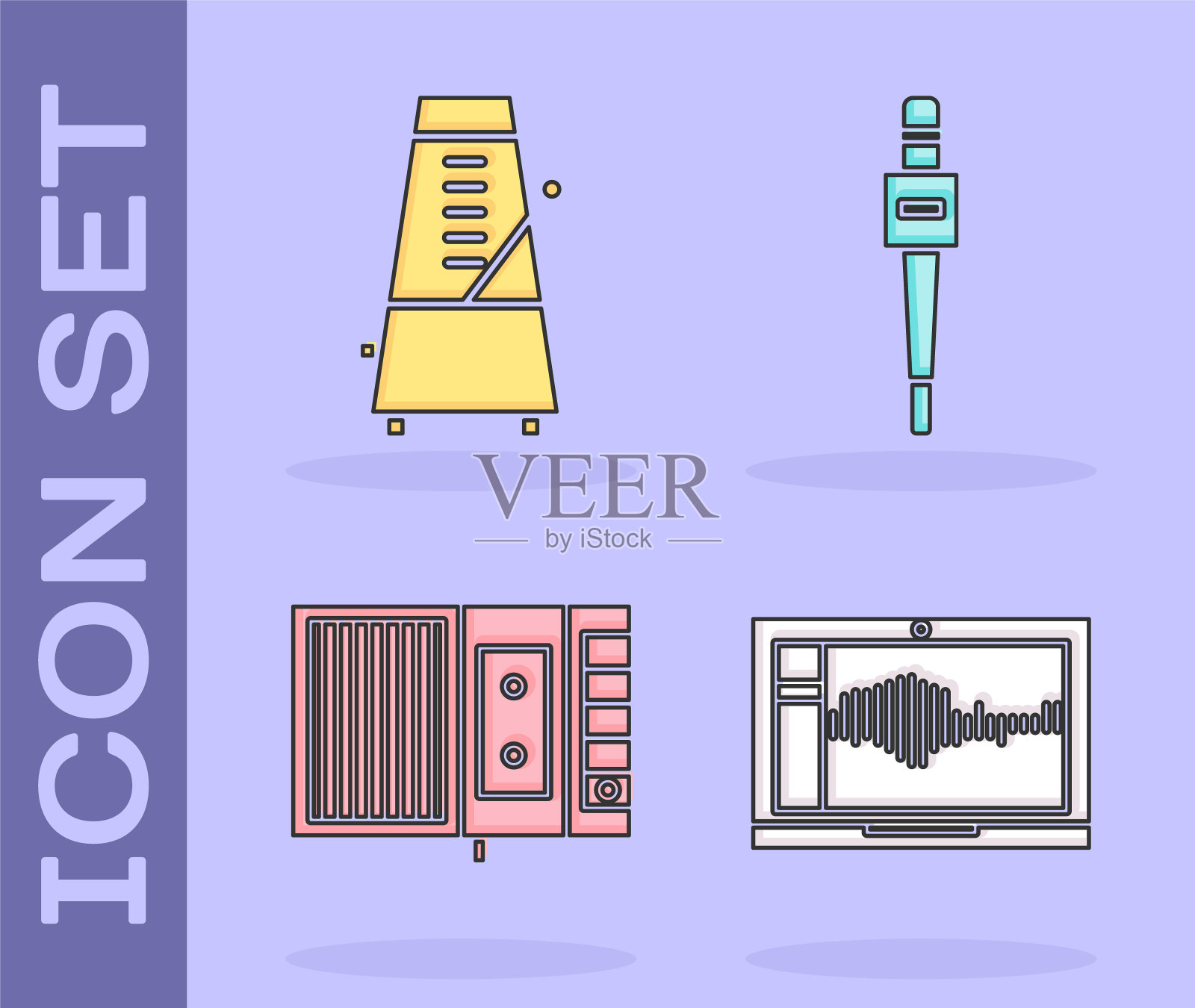 在笔记本电脑上设置声音或音频记录器，摆动节拍器，音乐磁带播放器和麦克风图标。向量图标素材