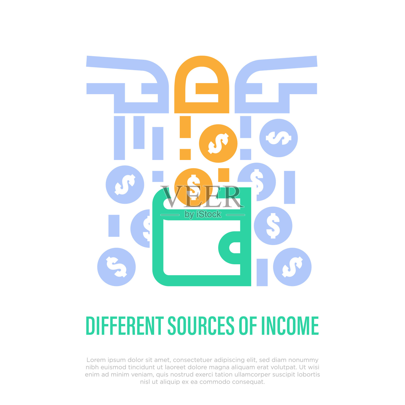 不同的收入来源:1美元硬币从钱包的水龙头掉下来。细线图标。矢量插图。插画图片素材