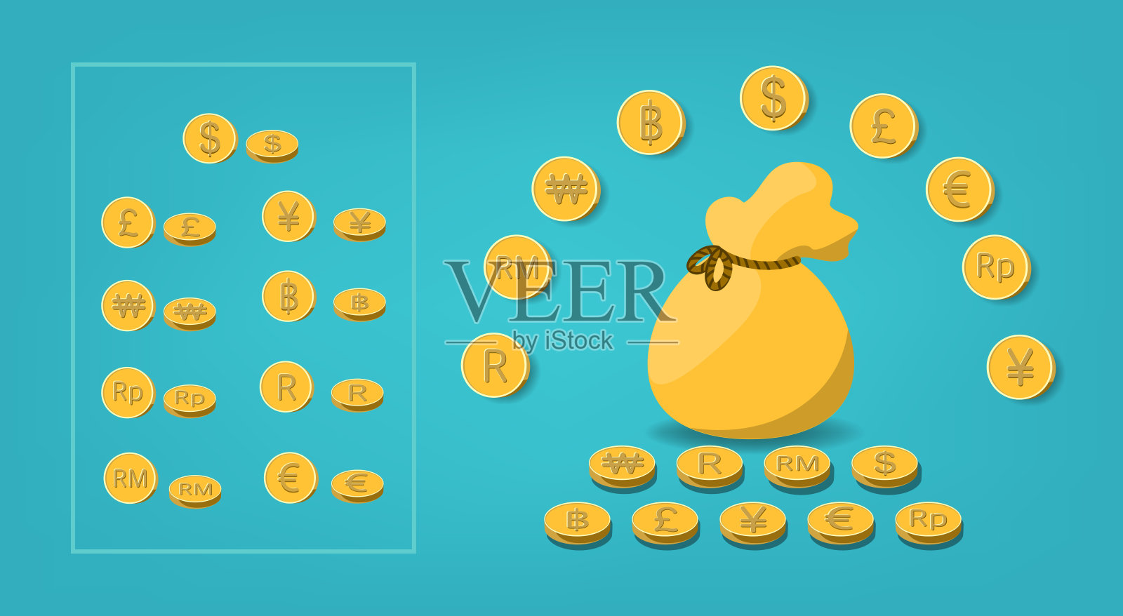 一套美丽的金币与货币图标与钱袋的商业和金融用途的想法;韩元，马来西亚林吉特，英镑，欧元，美元，兰特，泰铢，印尼盾，人民币，日元。插画图片素材