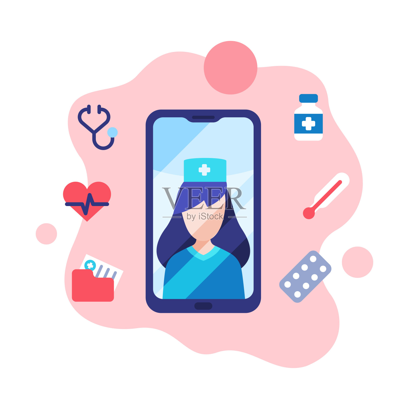 现代远程医疗，女医生在线咨询，远程医疗援助平面风格的白色背景矢量插图插画图片素材