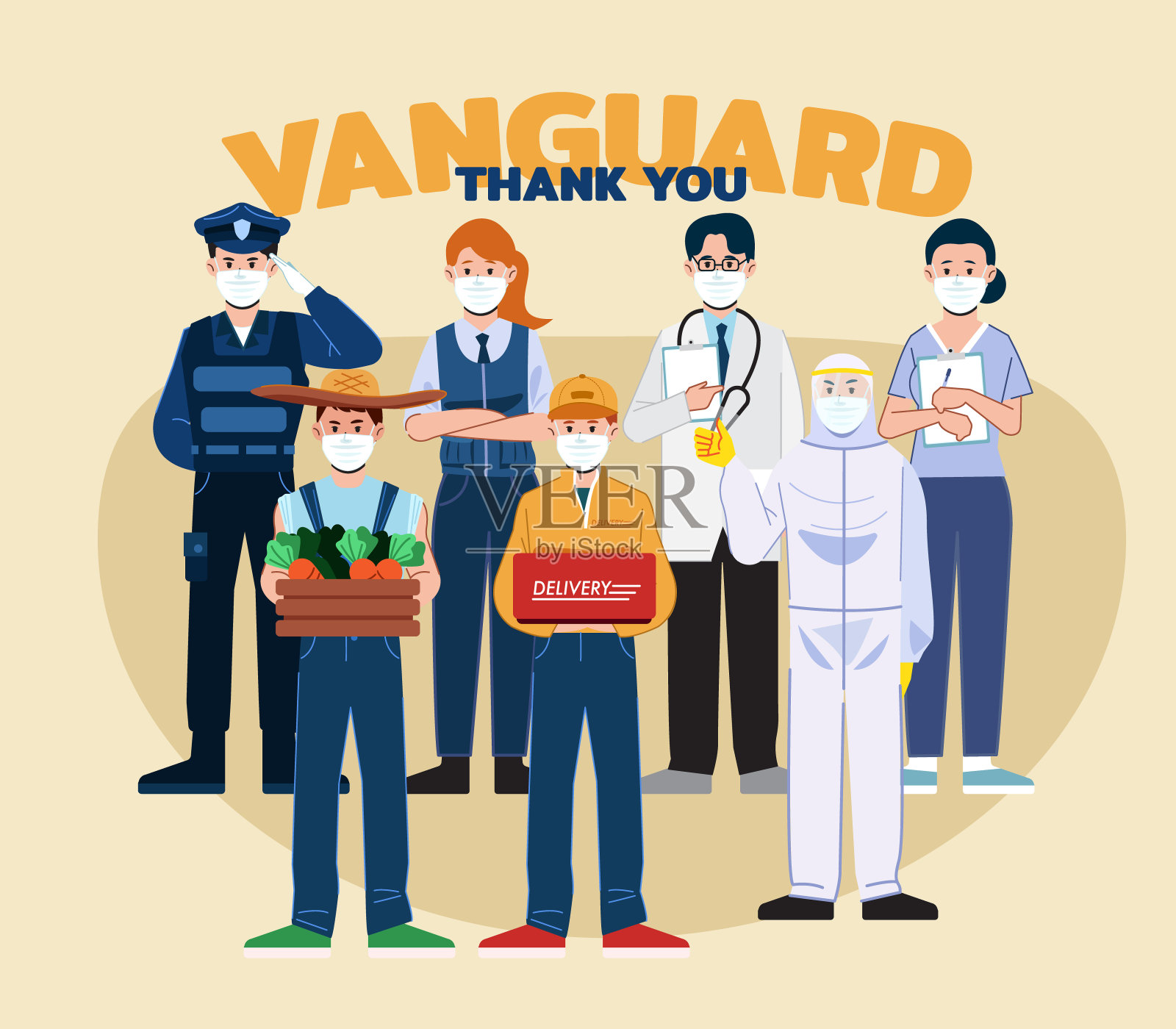为工作人员，医生，护士，送货员，杂货店和卡车司机提供欣赏的概念。在新冠肺炎疫情中提供服务的人员的媒介。插画图片素材