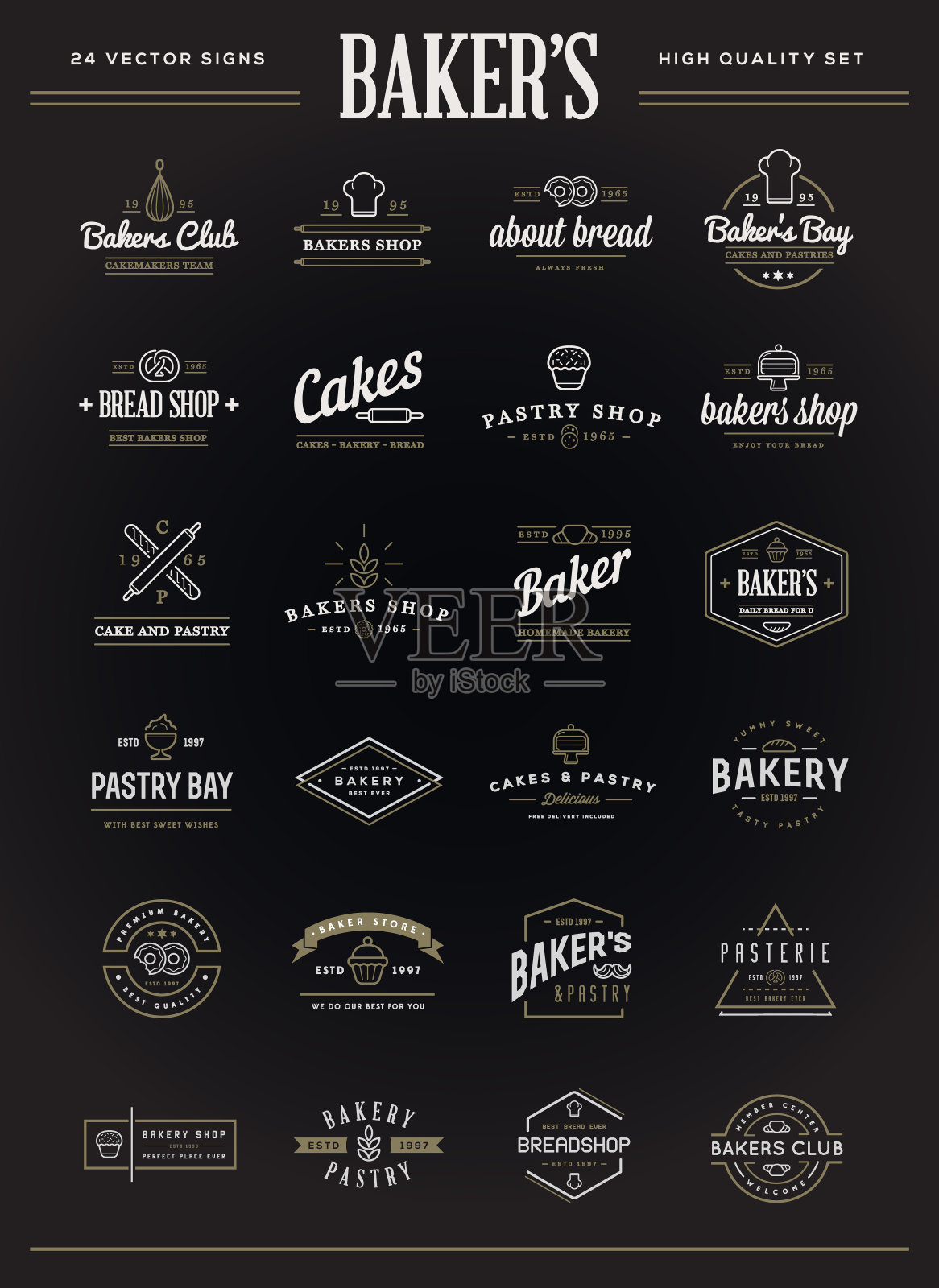 一套向量面包店糕点元素和面包图标。虚构的名字。插画图片素材