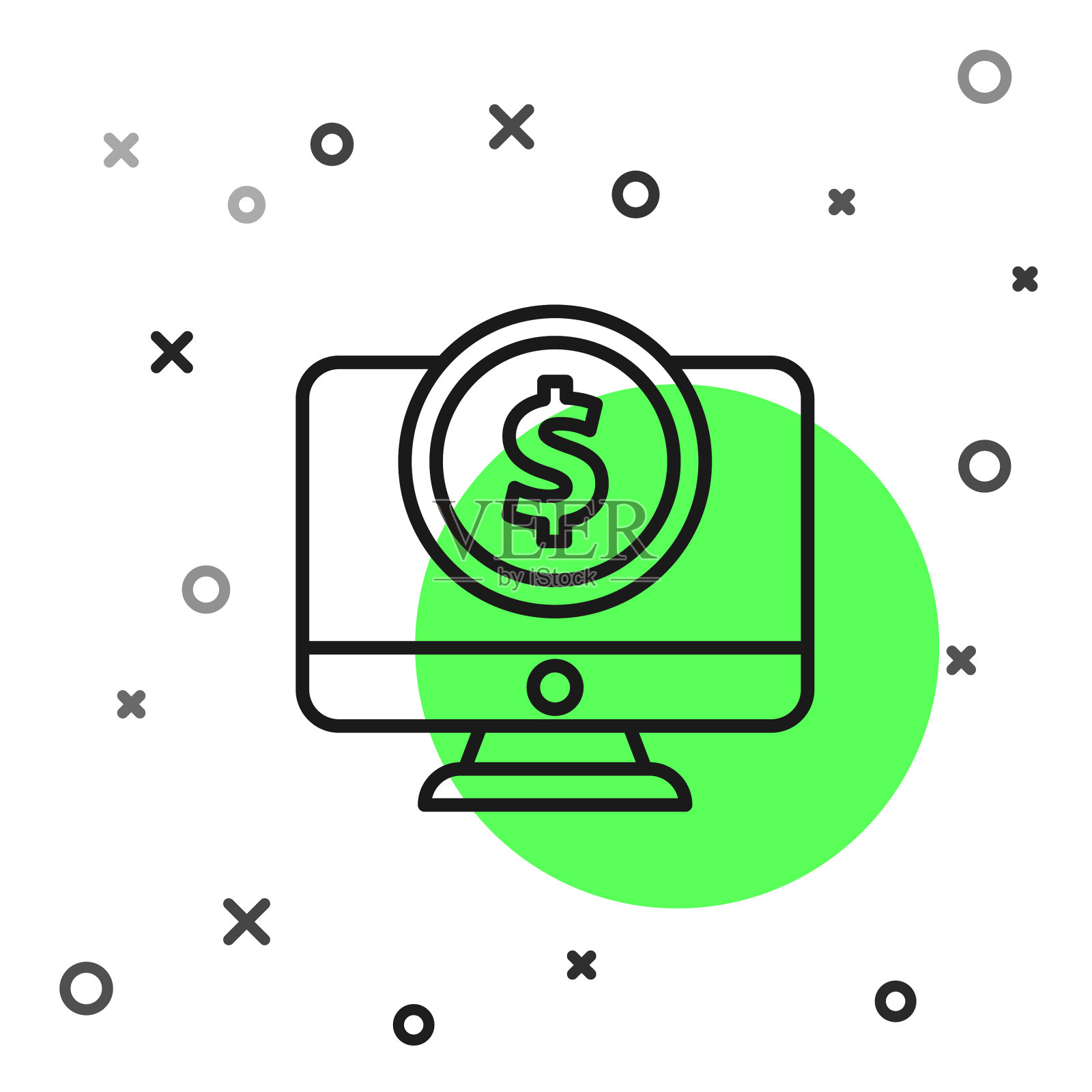 带美元符号的黑线电脑显示器插画图片素材