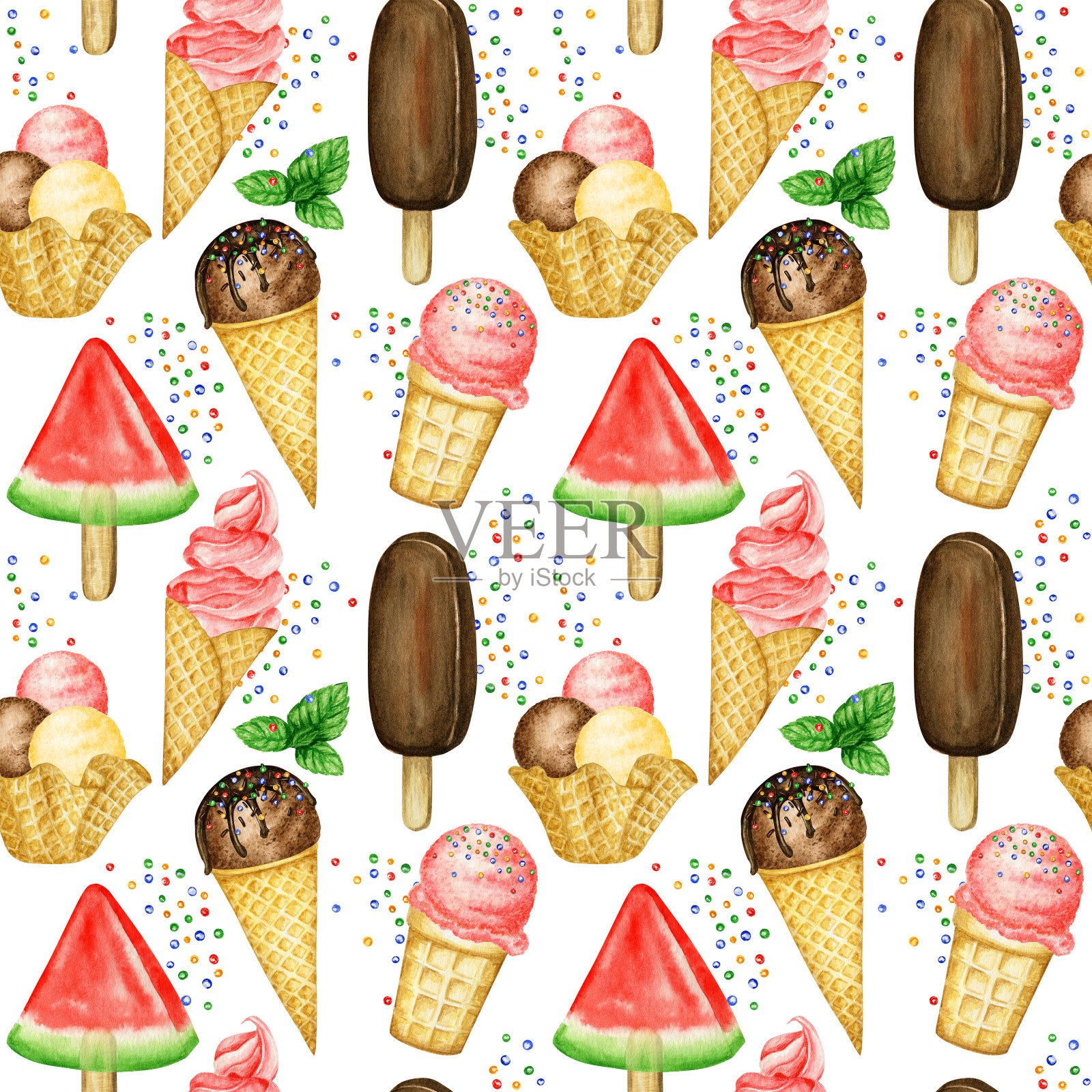 夏季无缝图案的冰棍，冰淇淋球装饰的巧克力华夫蛋筒。水彩插图上的白色背景。水果混合冰淇淋球织物织物设计插画图片素材