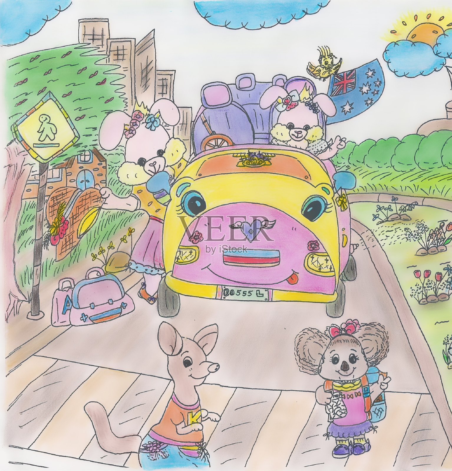 卡通粉色兔子兔的家人和朋友在澳大利亚的公路旅行插画图片素材
