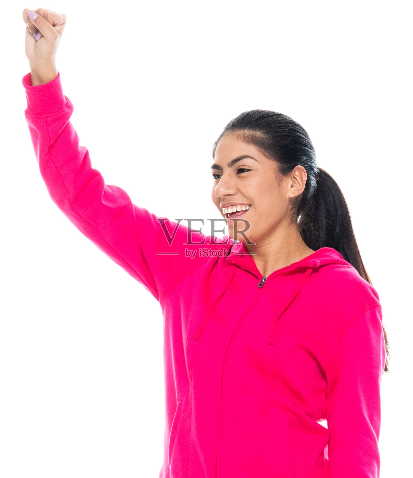 z一代年轻女性穿着运动衫站在白色背景前照片摄影图片