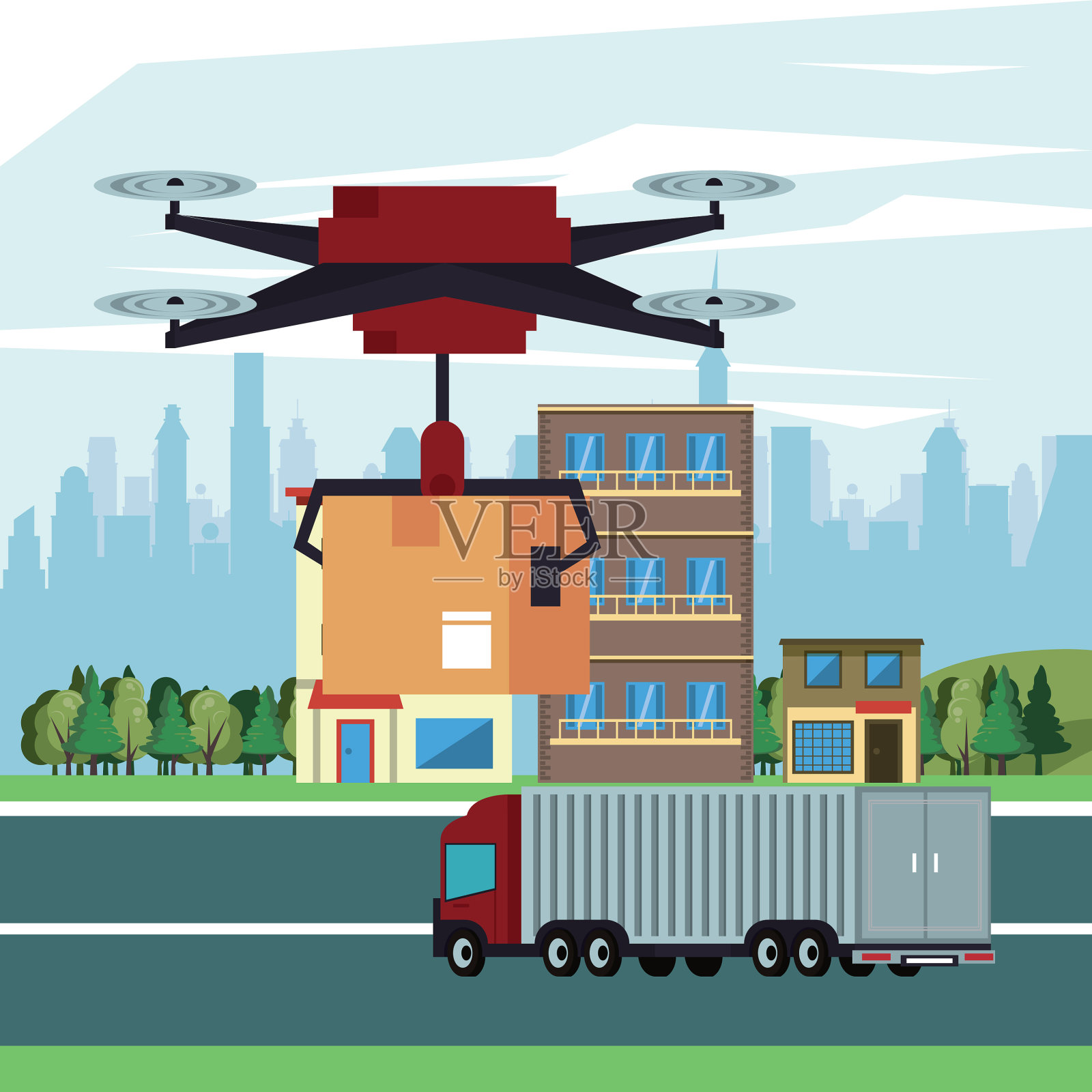 无人机技术与盒子在城市飞行插画图片素材