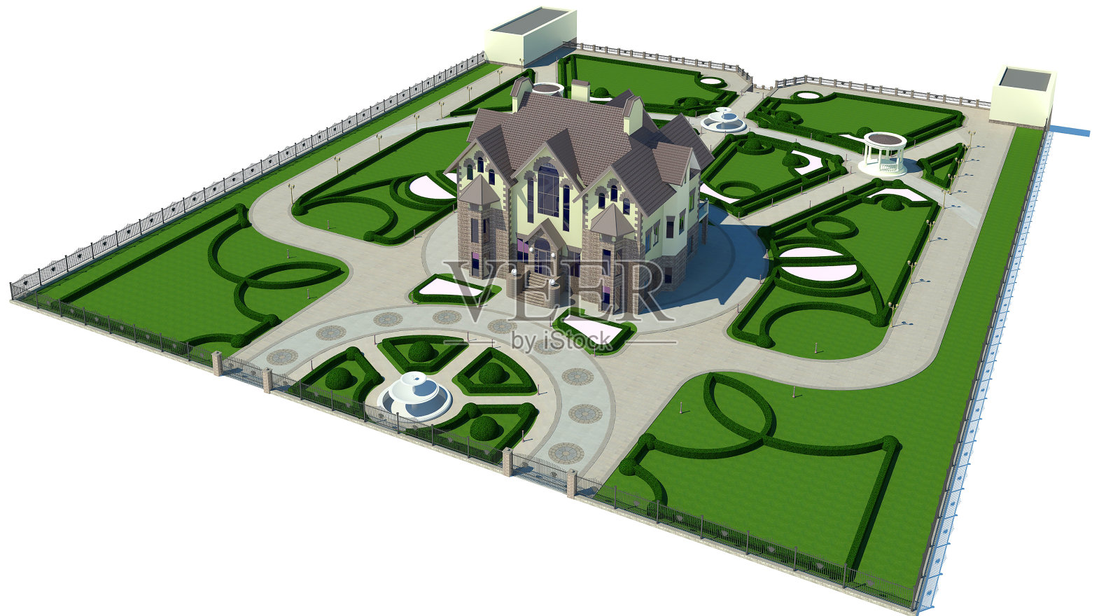 庭院景观设计插图，空中透视3d插图照片摄影图片