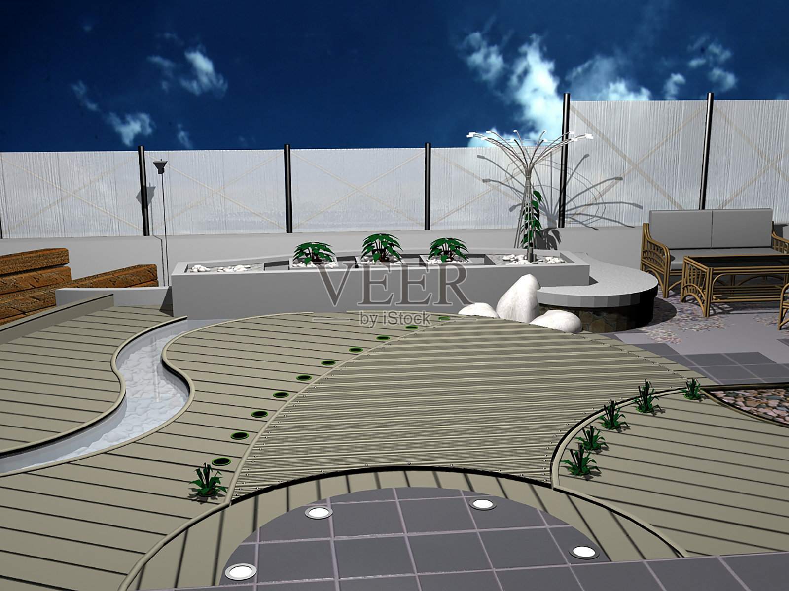 全景屋顶平台与甲板设计，城市的想法3D插图照片摄影图片