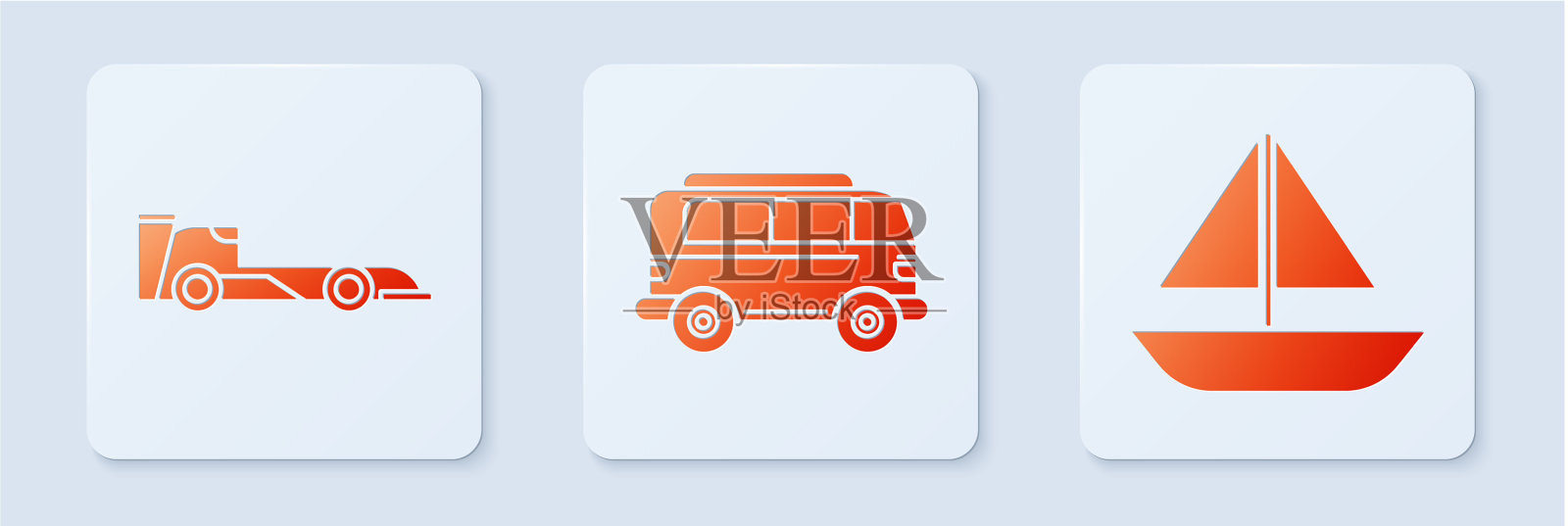 设置复古小型厢式方程式赛车和游艇图标素材