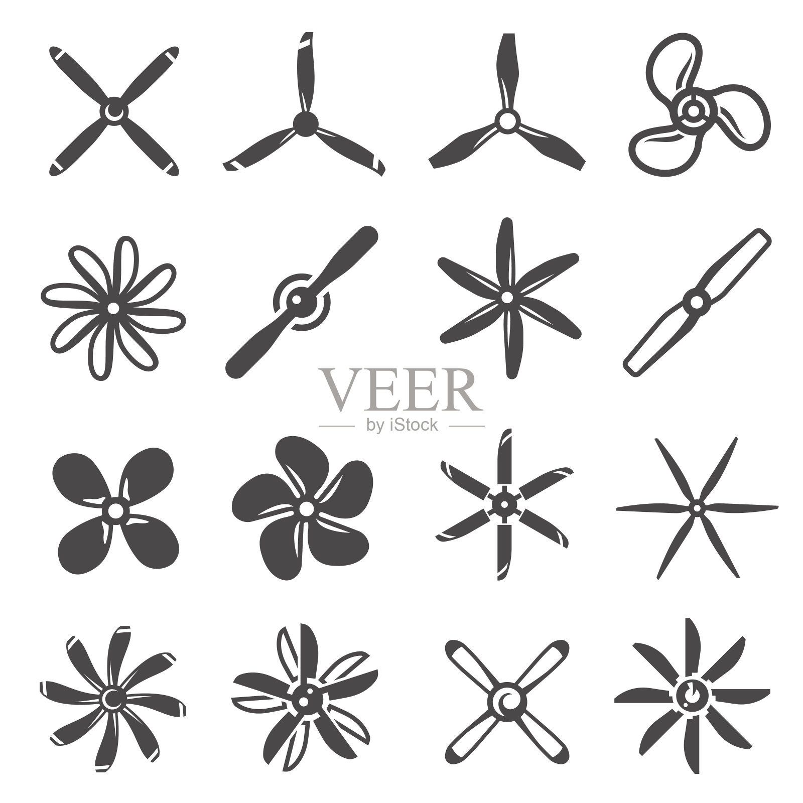 螺旋桨分类黑白图标孤立设置。收藏扇子、鼓风机象形图。插画图片素材