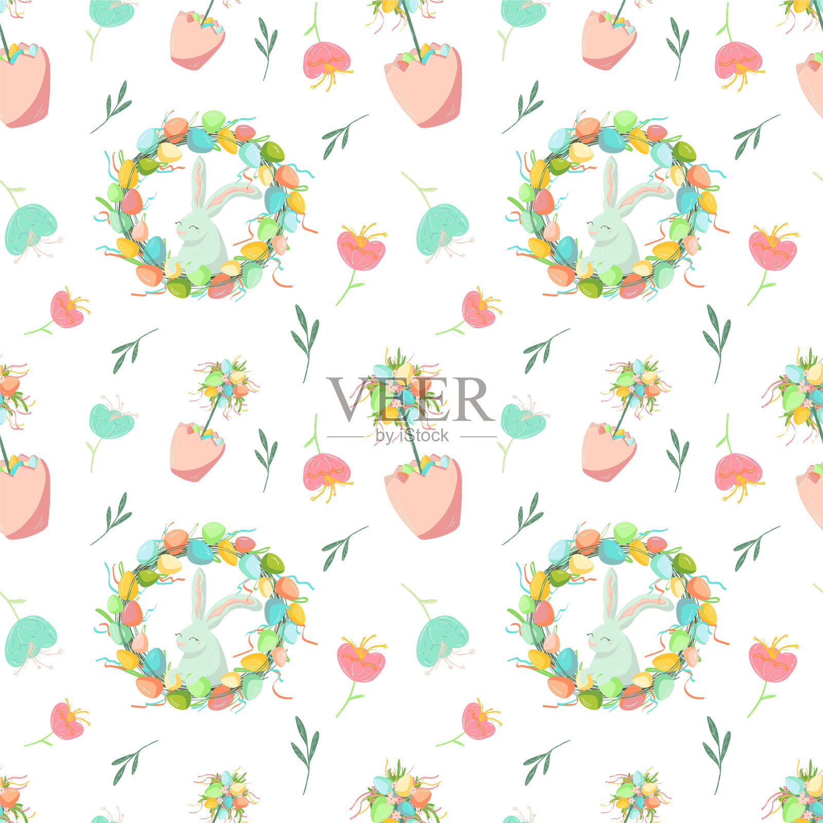 复活节快乐无缝图案春天五彩缤纷插画图片素材