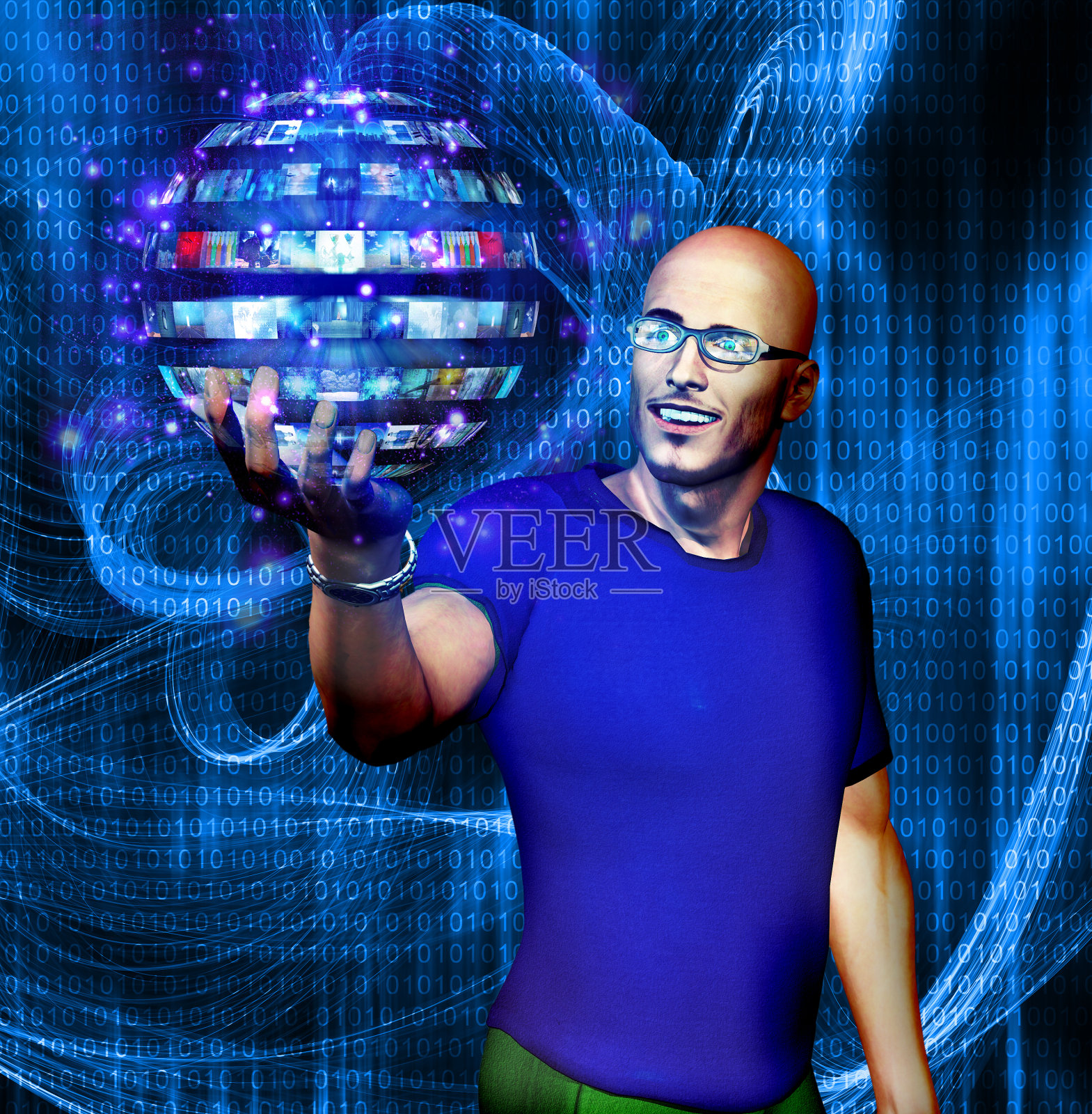 人们用二进制代码观察许多图像球体插画图片素材