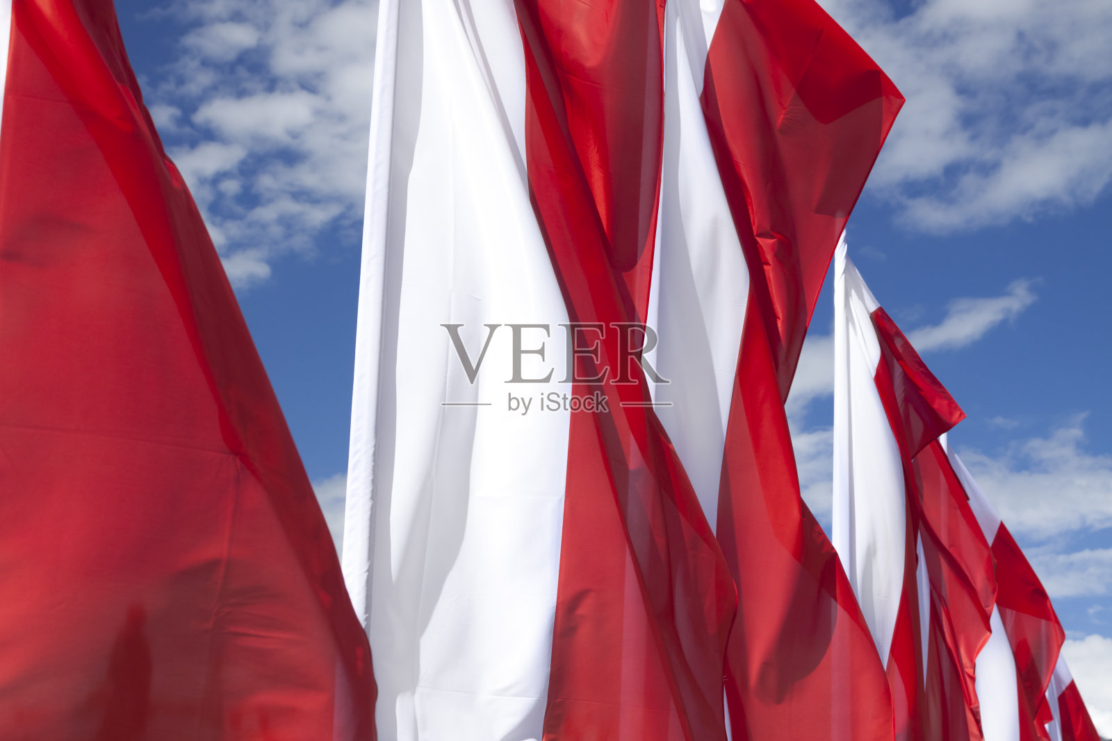 多面波兰国旗在阳光下飘扬，照片摄影图片