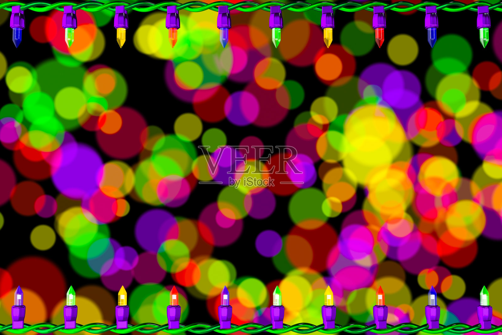 顶部和底部边界鲜艳的彩色圣诞灯在一个彩色的背景照片摄影图片