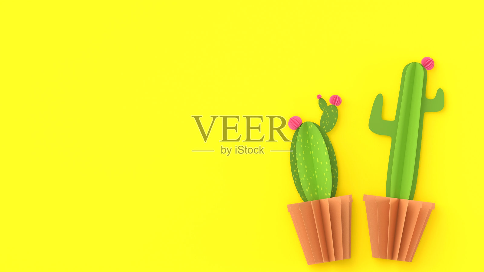 剪纸仙人掌多汁的亮黄色背景，可爱的夏日构图与文字空间。彩色的仙人掌，可爱的粉红色的花，卡通有趣的植物在花盆。纸板收集，顶视图照片摄影图片