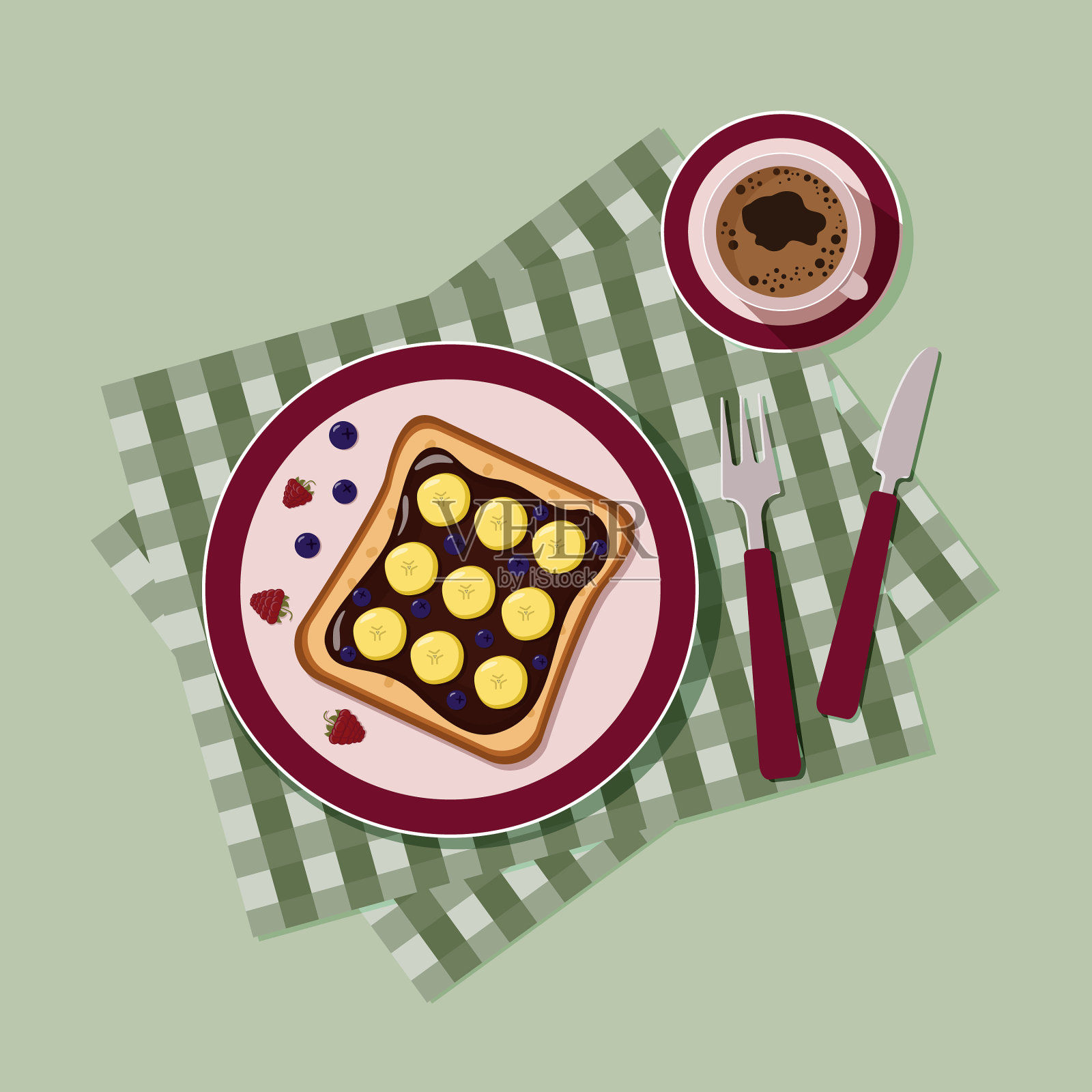 吐司配巧克力酱、香蕉和浆果插画图片素材