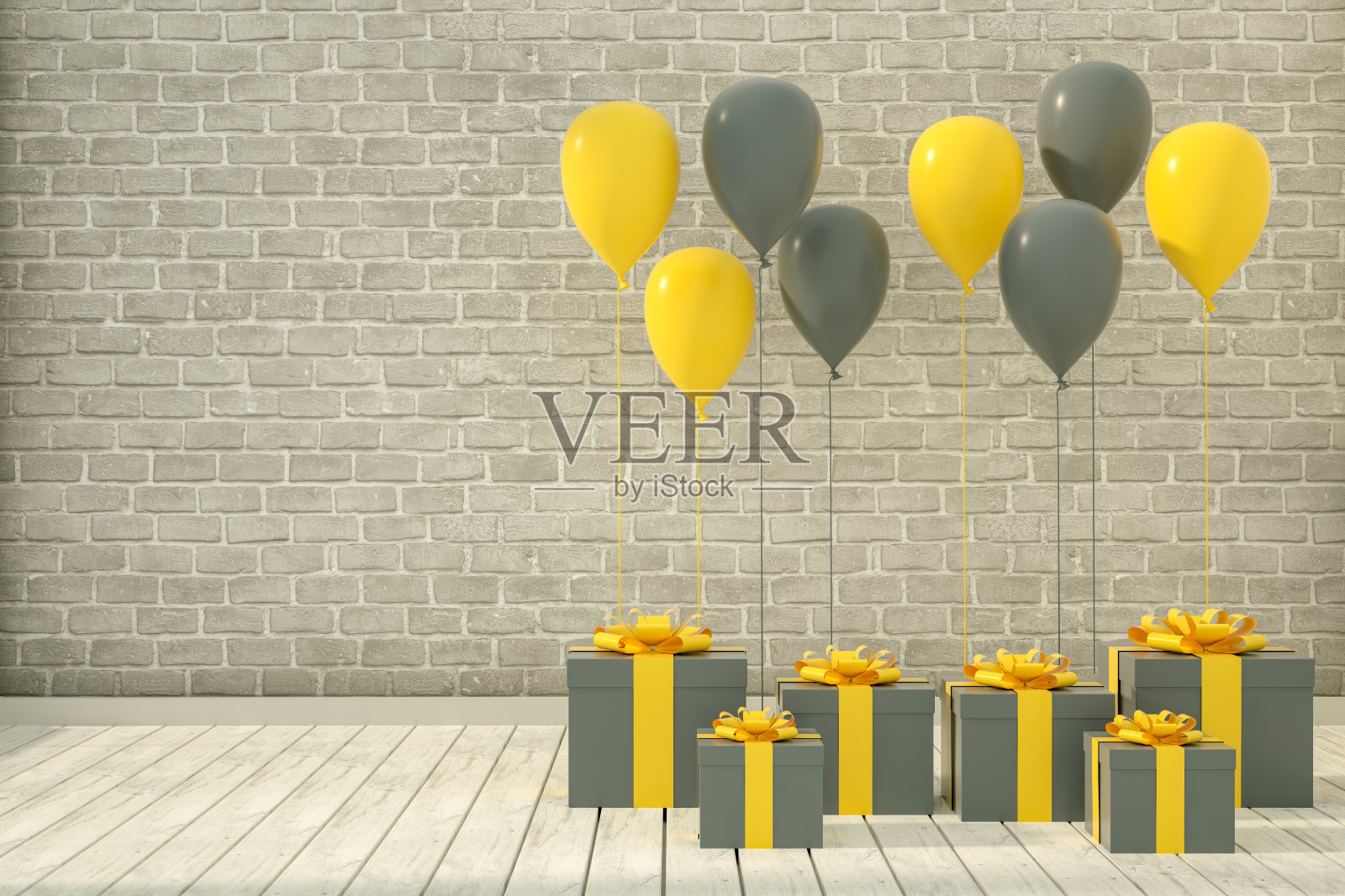 房间里有空墙的气球和礼盒。圣诞节，情人节，生日概念。照片摄影图片