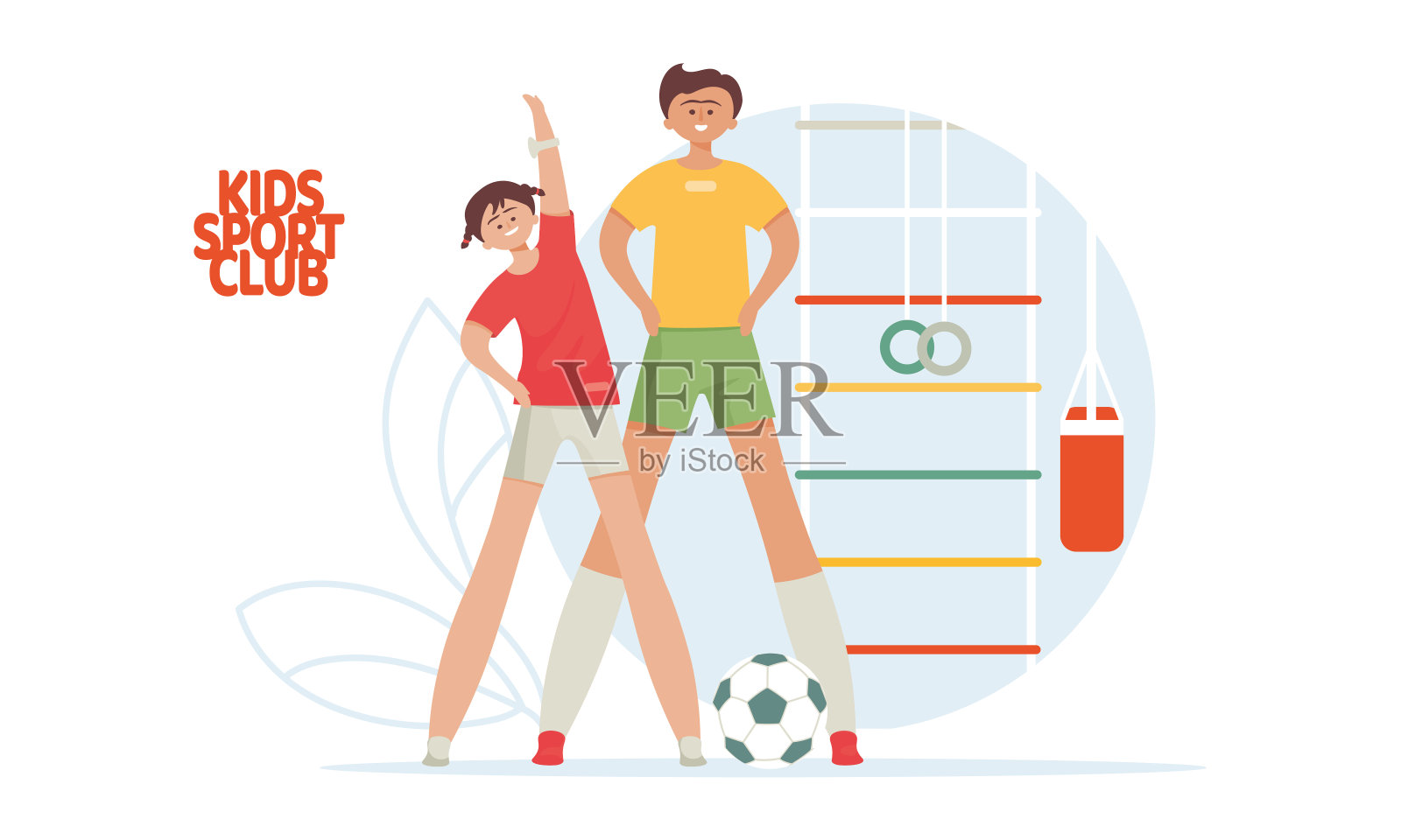 运动的家庭。儿童过着健康的生活方式，参与健身和运动。矢量插图在一个平坦的风格。插画图片素材