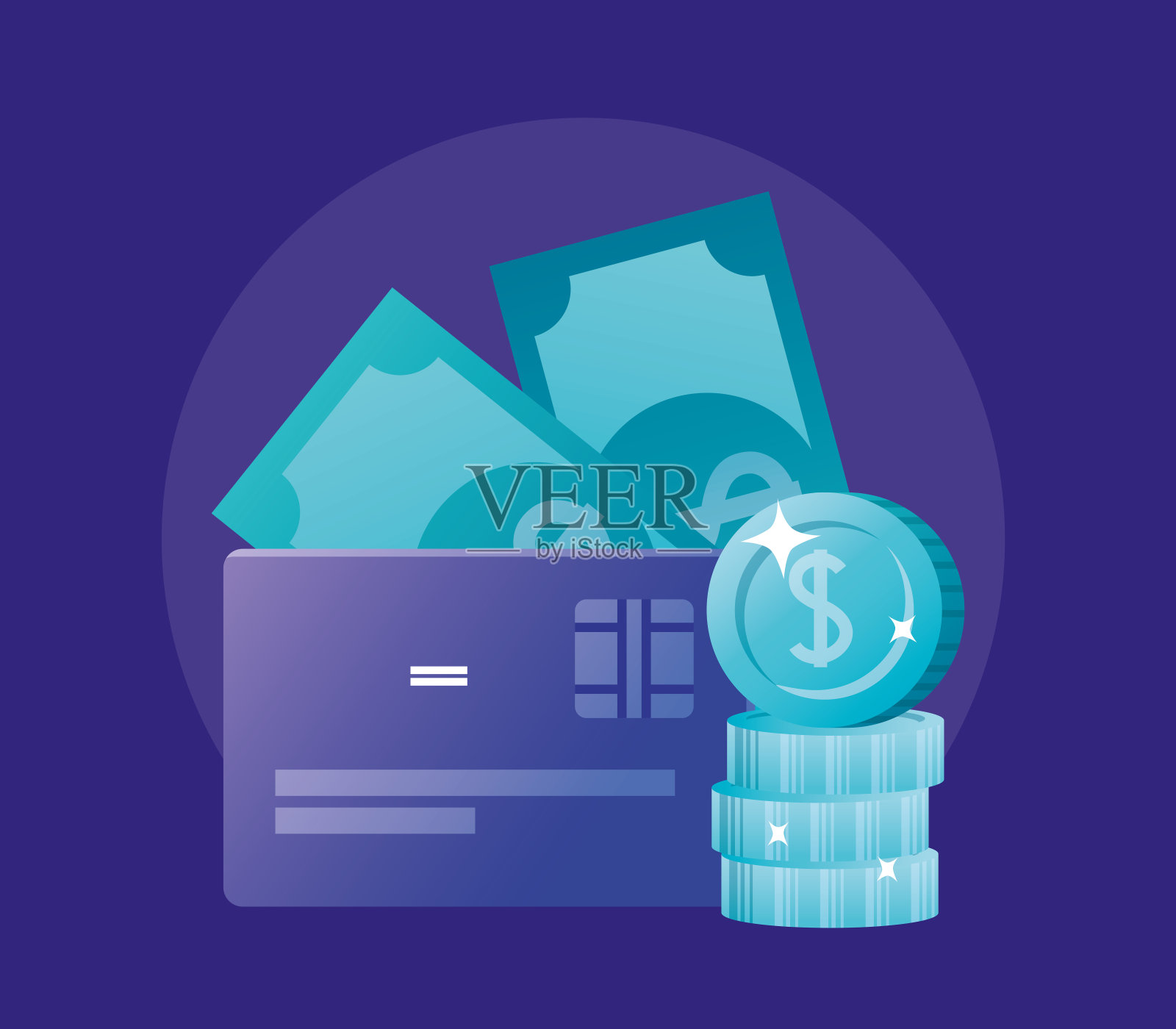 硬币信用卡和钞票矢量设计插画图片素材