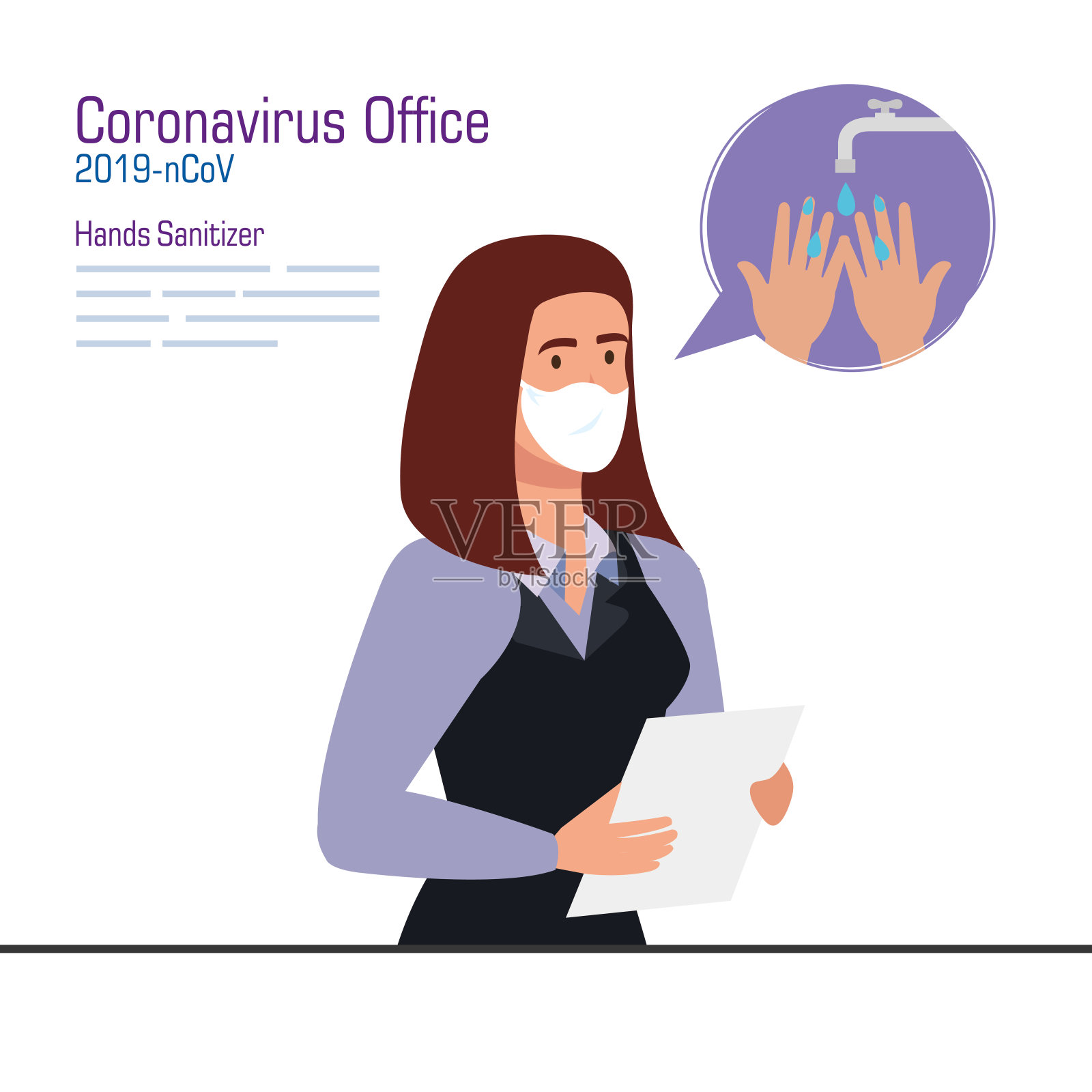 女商人带口罩和手部消毒剂矢量设计插画图片素材