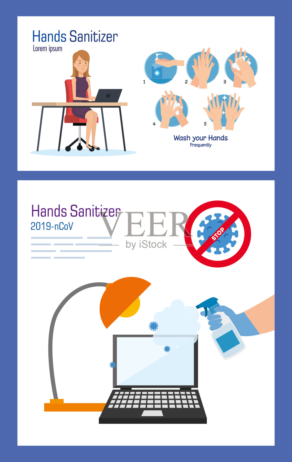 女商人在办公桌上用洗手液和笔记本电脑矢量设计插画图片素材