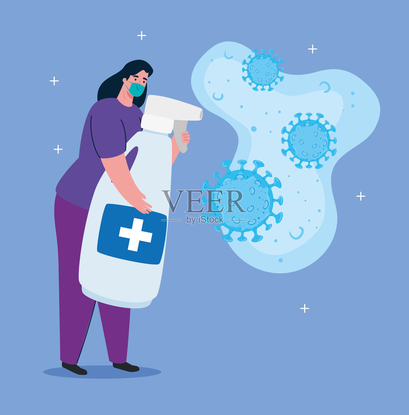 妇女戴医用防护口罩，使用喷雾消毒剂预防冠状病毒感染插画图片素材