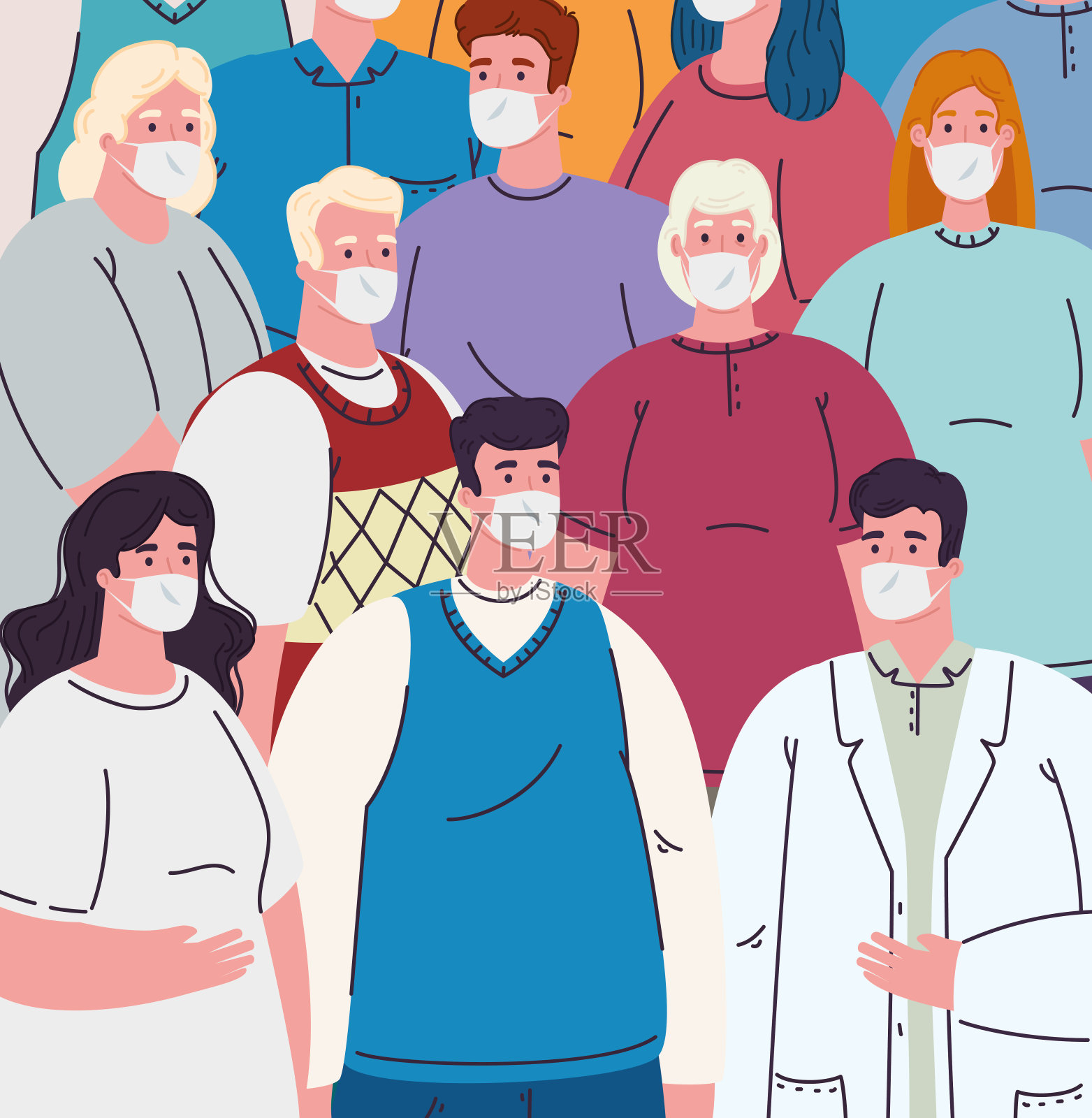 佩戴医用口罩的人群，预防冠状病毒感染插画图片素材