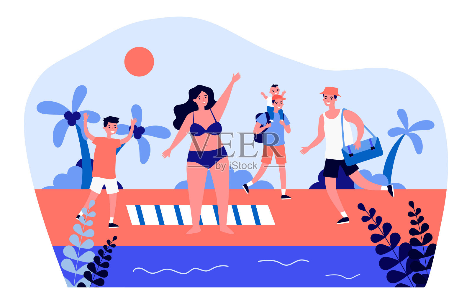 快乐的人们在海滩上玩插画图片素材