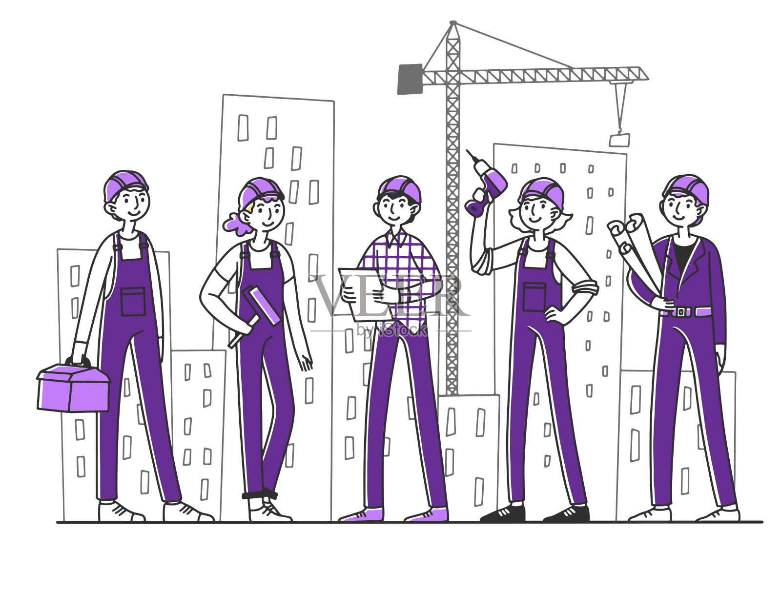 在建筑工地工作的建筑工队伍插画图片素材