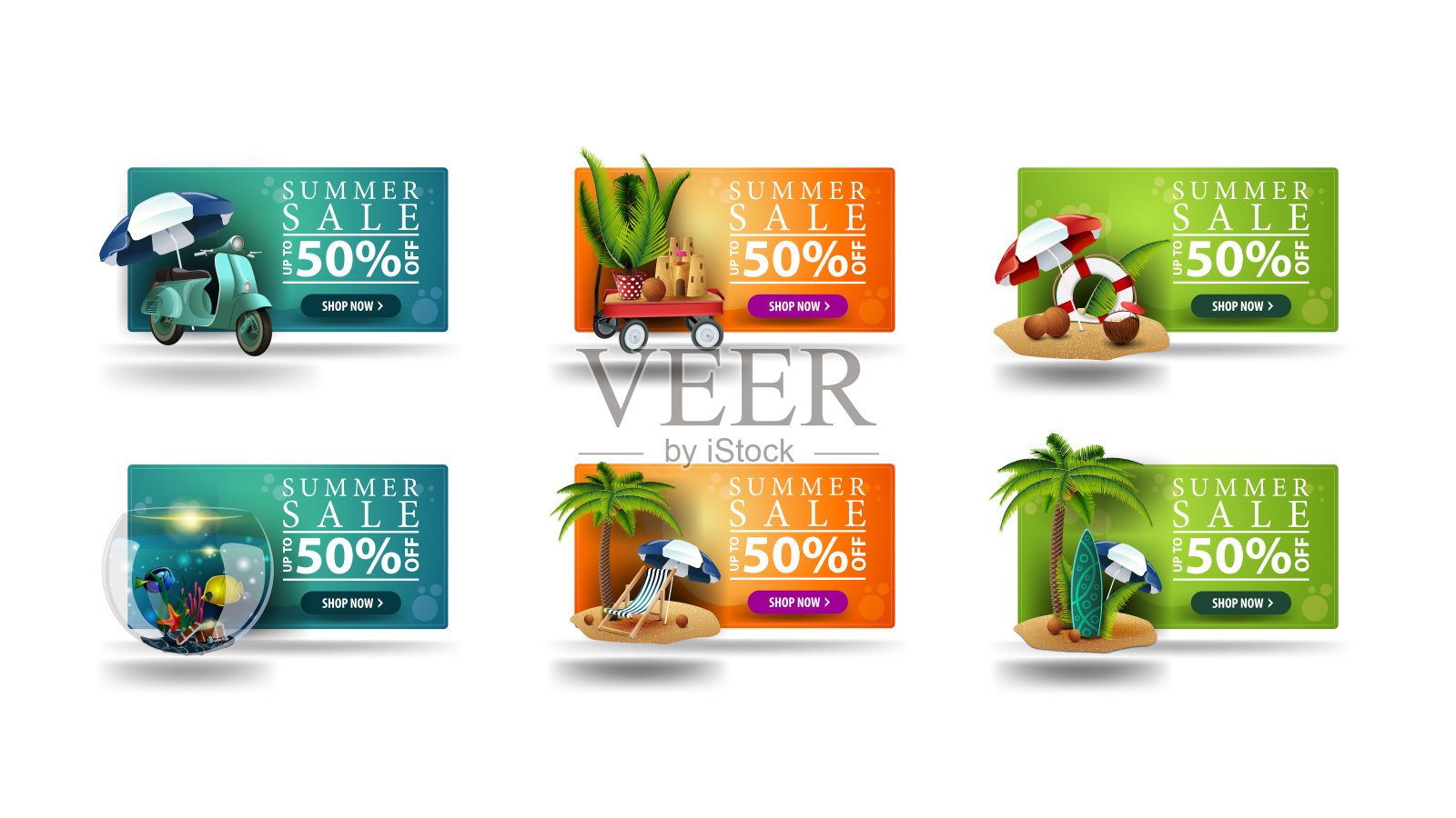 夏季销售，高达50%的折扣，大型水平3D折扣横幅为您的业务与夏季图标。插画图片素材