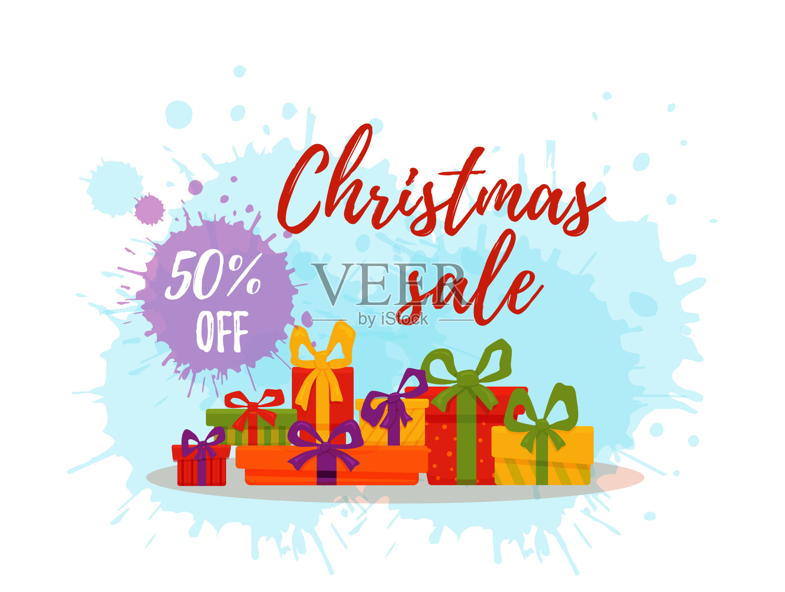 彩色的礼品盒堆在水彩飞溅的背景销售理念。设计元素图片