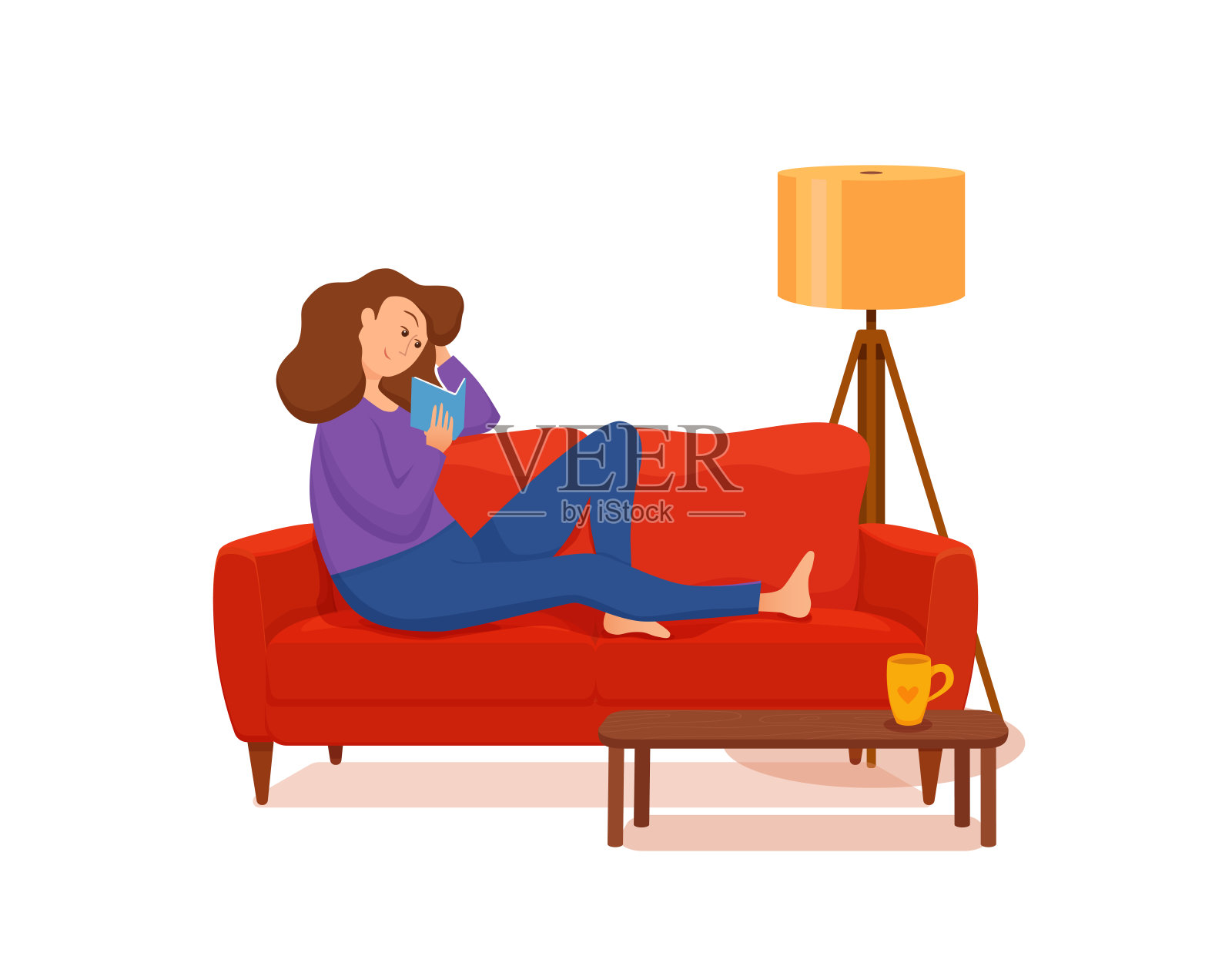 年轻女子坐在沙发上看书。彩色卡通矢量插图插画图片素材