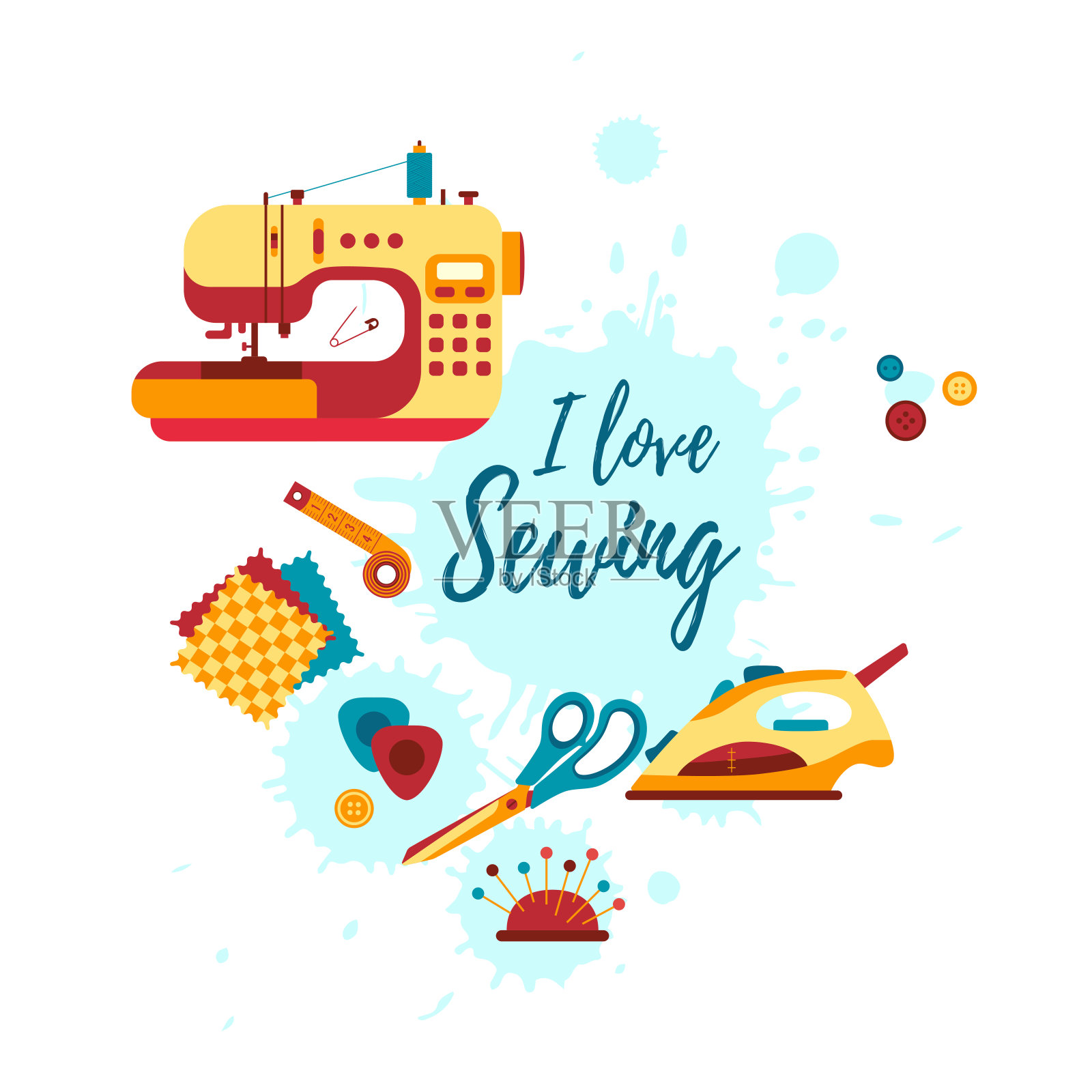 缝纫设备工具多彩的卡通风格概念。插画图片素材