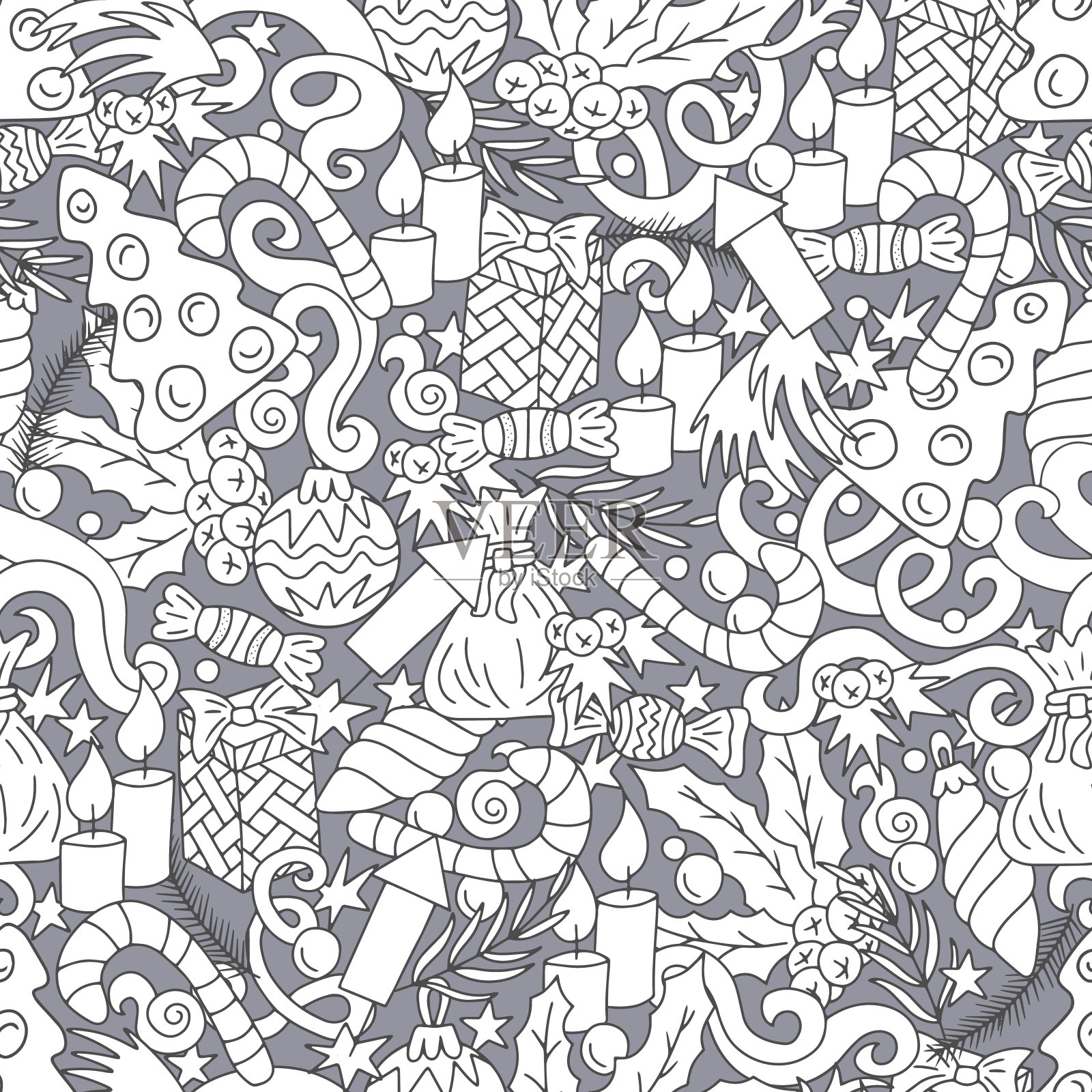 涂鸦圣诞无缝图案。大纲冬天艺术。手绘矢量股票插图。每股收益10插画图片素材