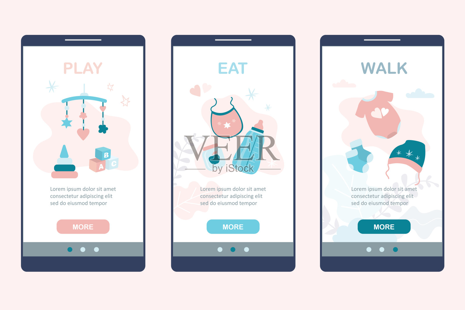 婴儿护理申请页模板为母亲。智能手机屏幕上的应用程序。插画图片素材