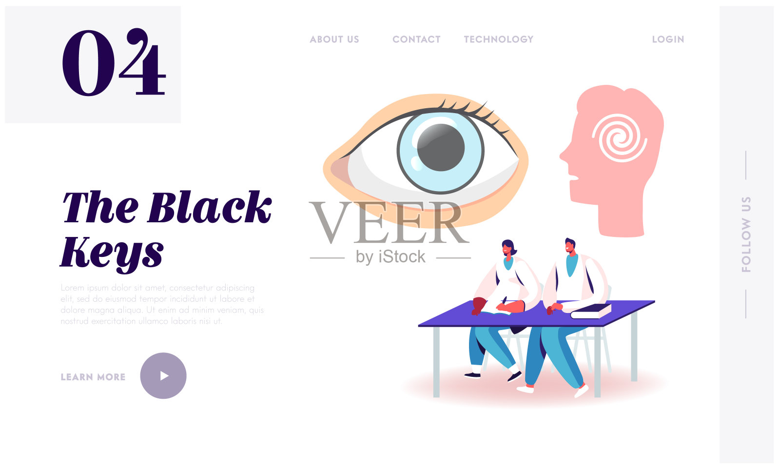 心理医学，意识着陆页面模板。穿着长袍的医学生角色坐在书桌前学习催眠。巨大的人类眼睛和螺旋头。卡通人物矢量插图插画图片素材