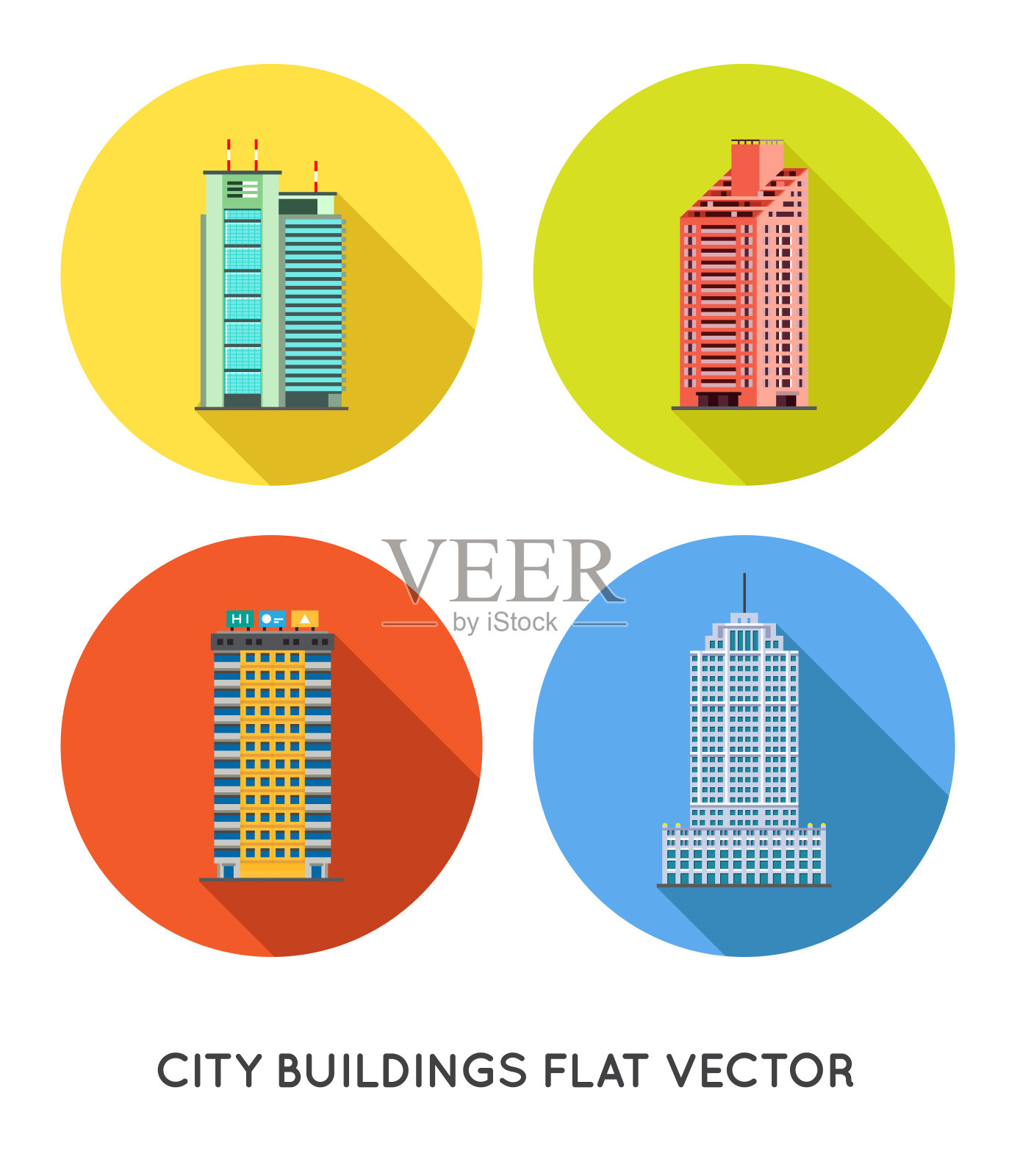 现代城市建筑和房屋。平面矢量图标集。插画图片素材