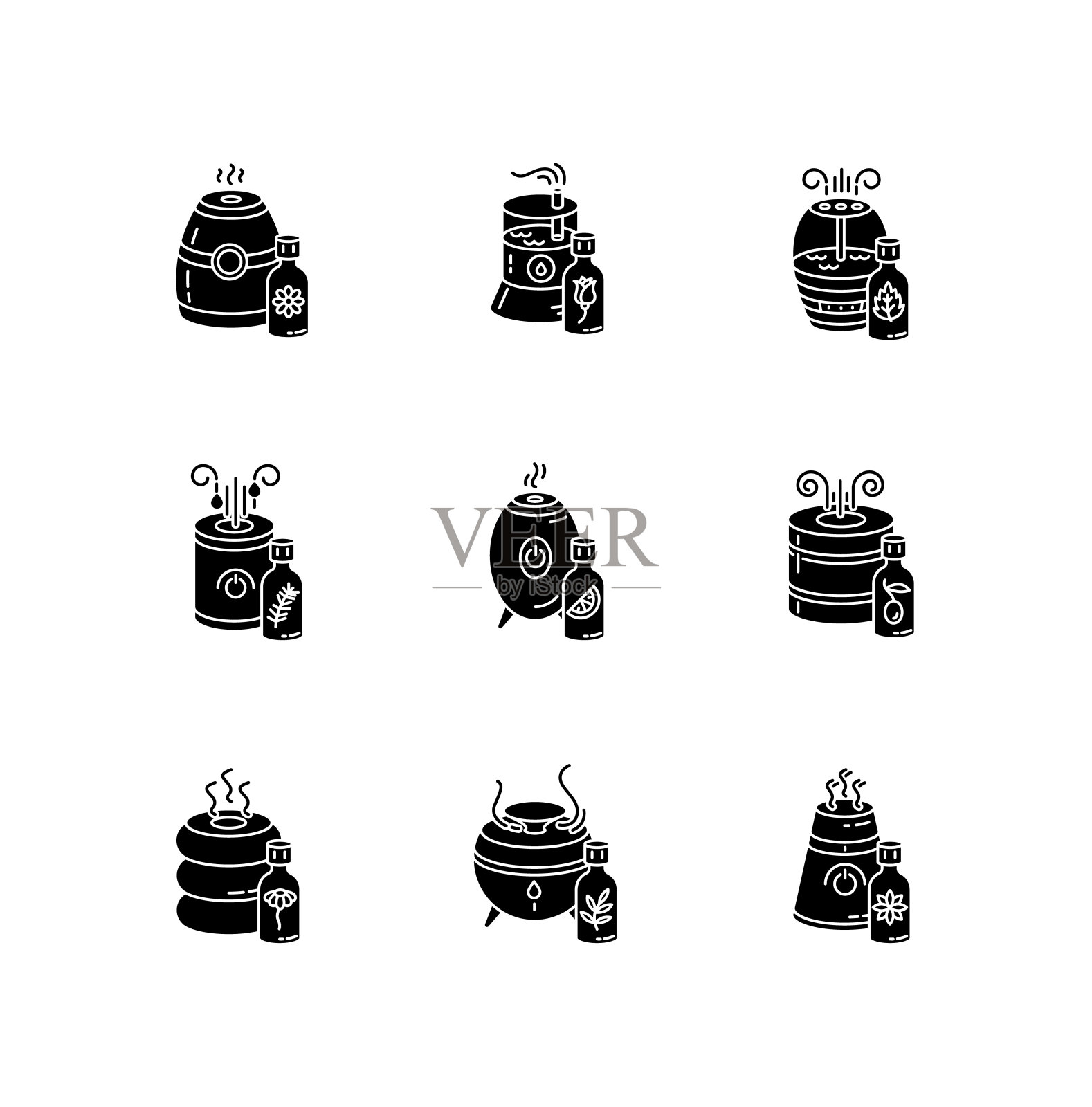 空气净化器，过滤器的黑色字形图标设置在空白。气候控制设备，加湿器，家用电器，室内湿度调节器。轮廓符号。向量孤立的插图图标素材