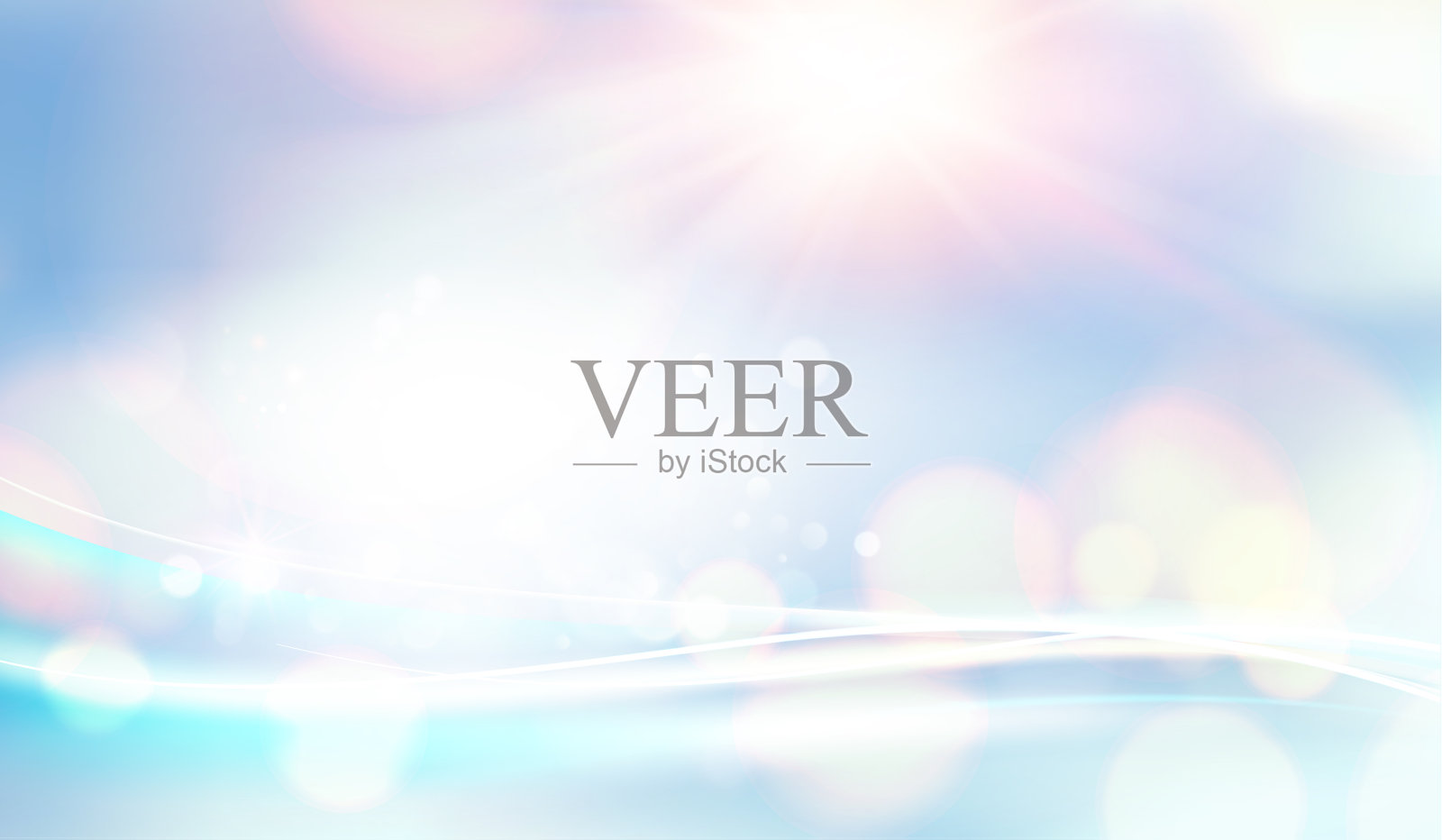 蓝色的灯光背景。淡蓝色天空背景上的散景和镜头光晕。插画图片素材