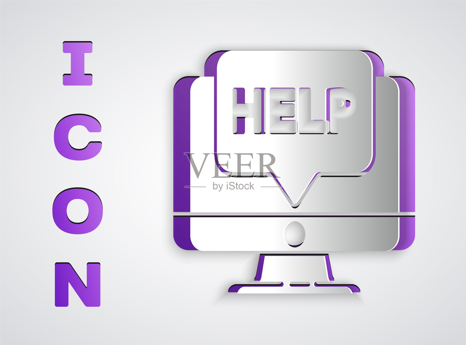 剪纸电脑显示器和帮助图标孤立在灰色背景。调整、维修、设置、维护、修理、固定。纸艺术风格。矢量图图标素材