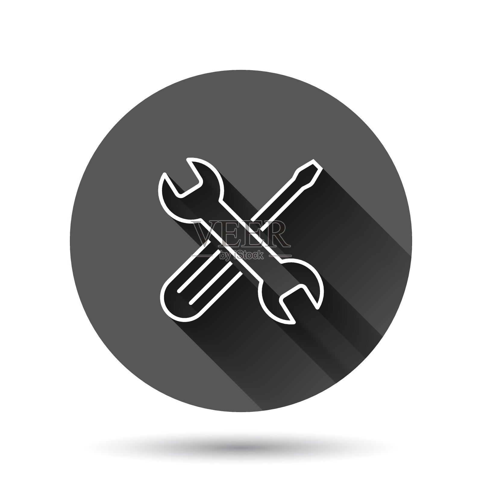 扳手图标在平面风格.扳手关键矢量插图上的黑色圆形背景与长阴影效果