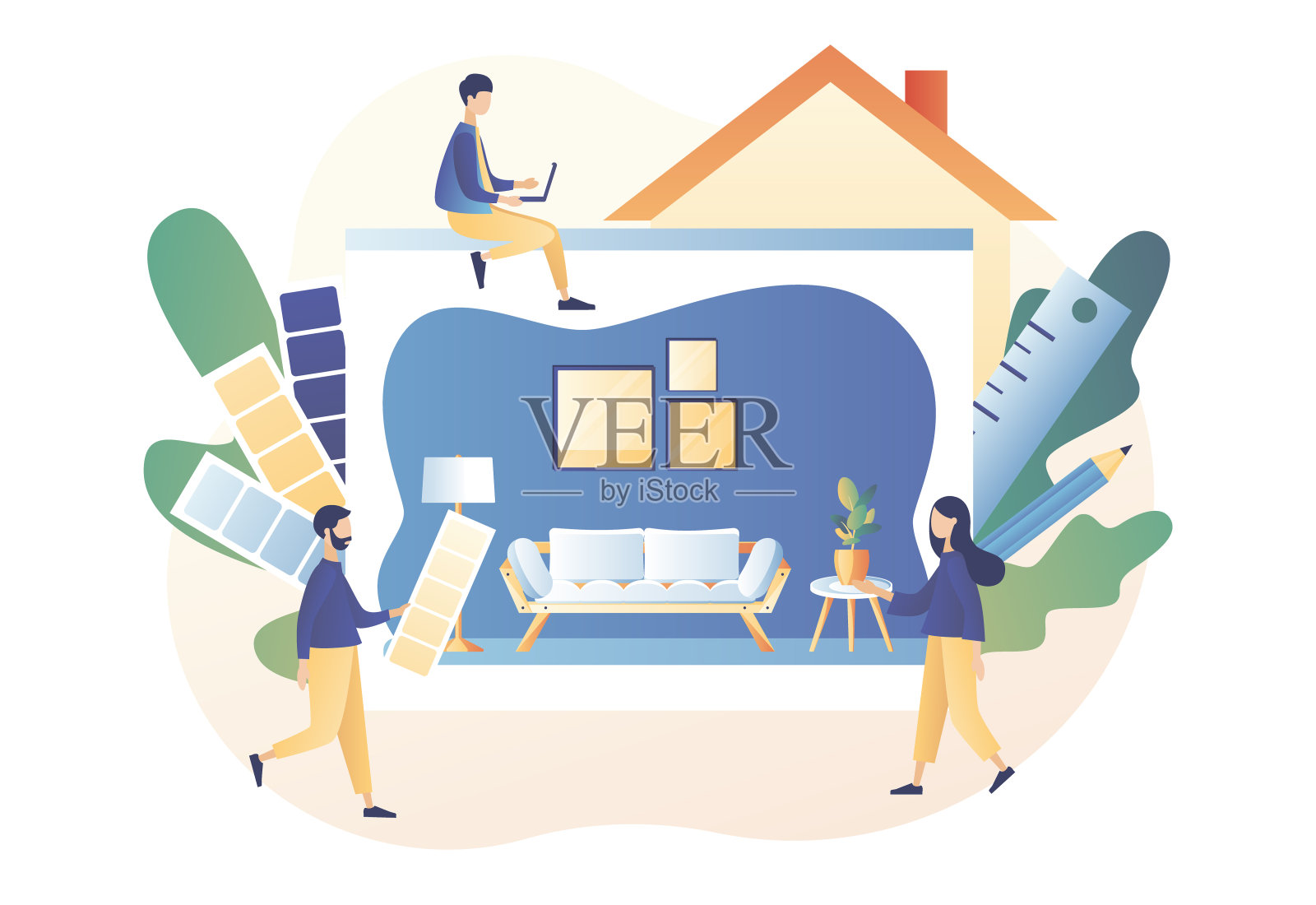 室内设计工作室概念。设计室内装饰的小人设计师。住宅装修服务。现代平面卡通风格。矢量插图上的白色背景插画图片素材