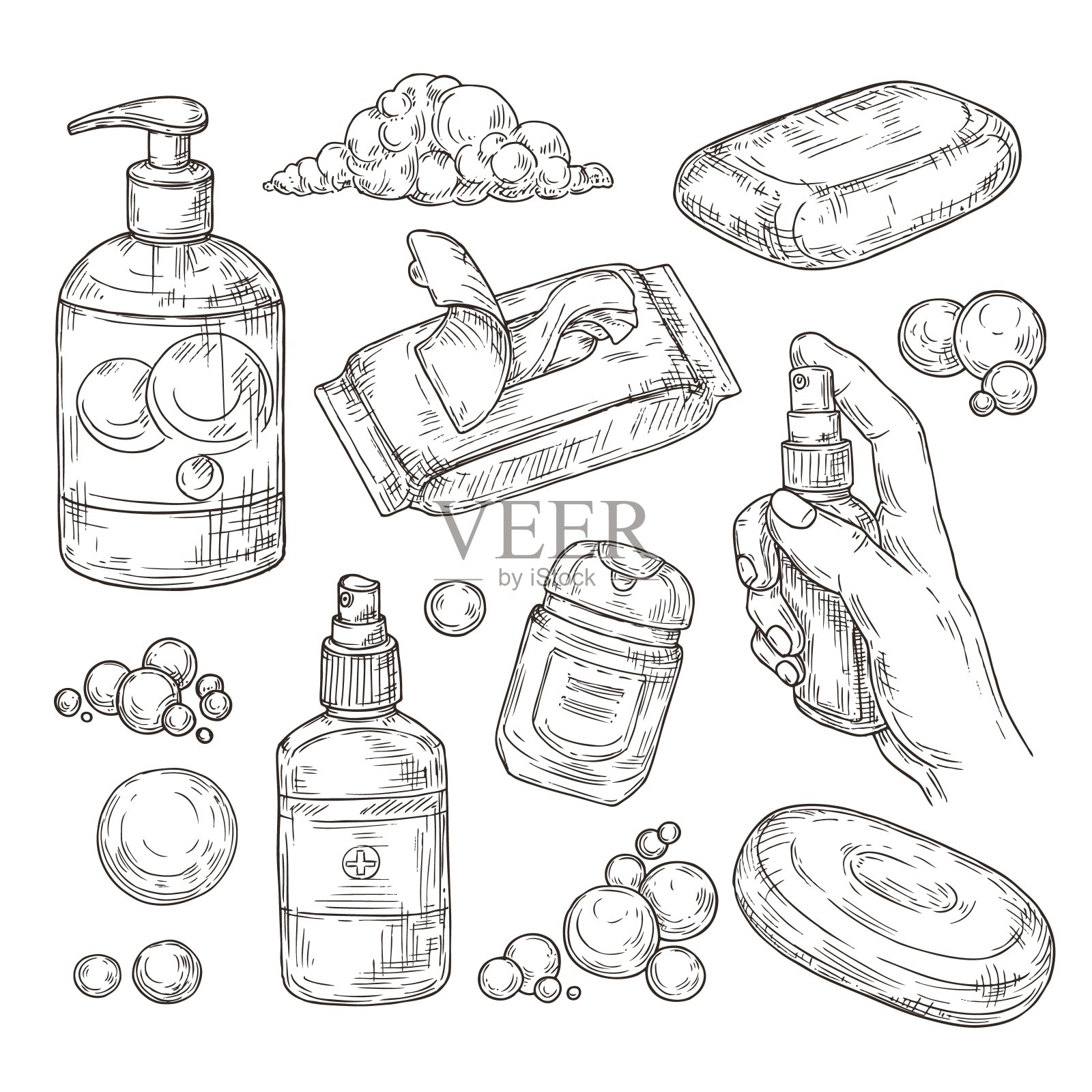 消毒项目简图。消毒剂，抗菌凝胶和喷雾，湿巾，一次性毛巾，肥皂，预防病毒感染。插画图片素材