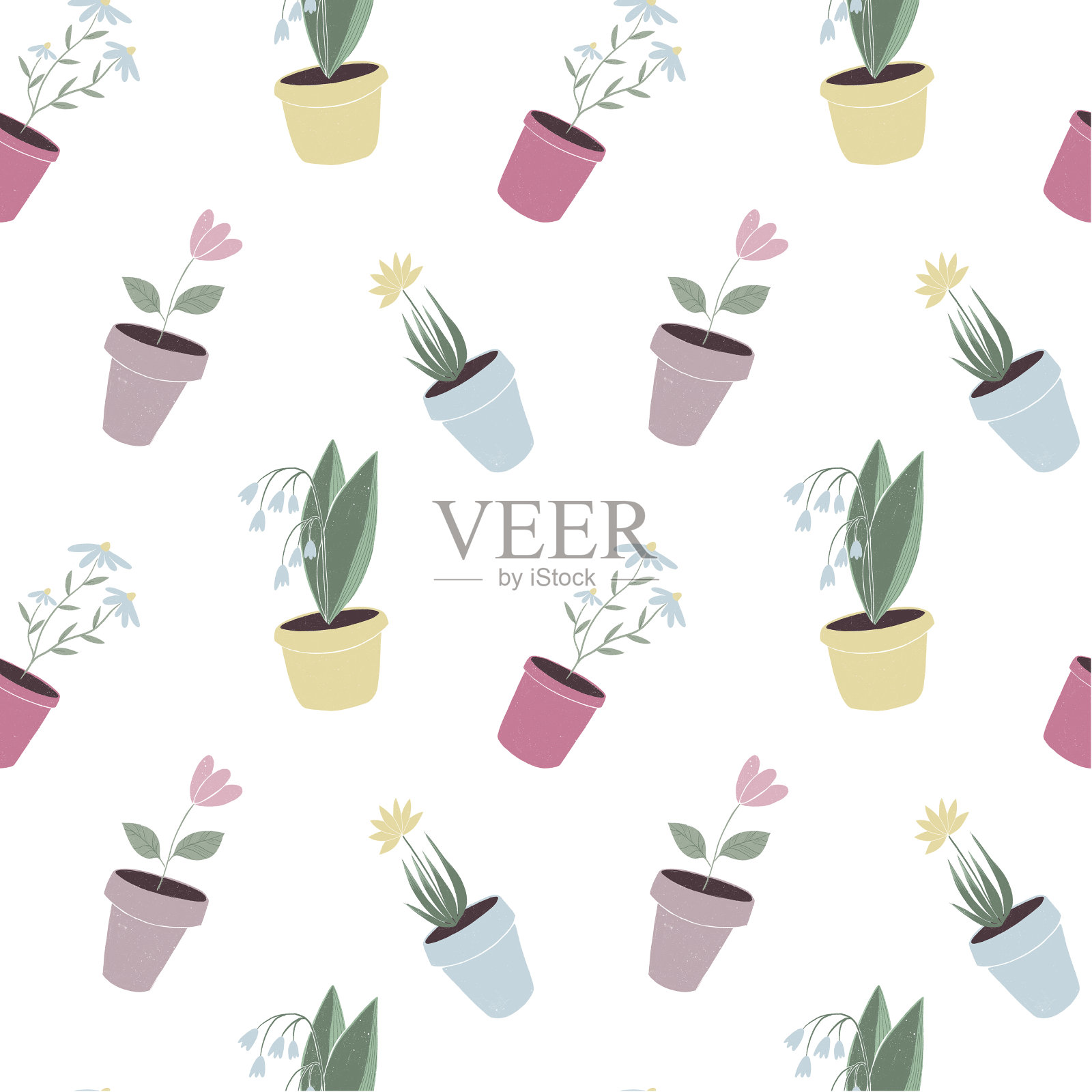 无缝模式花在花盆。家庭植物背景。安慰。插画图片素材